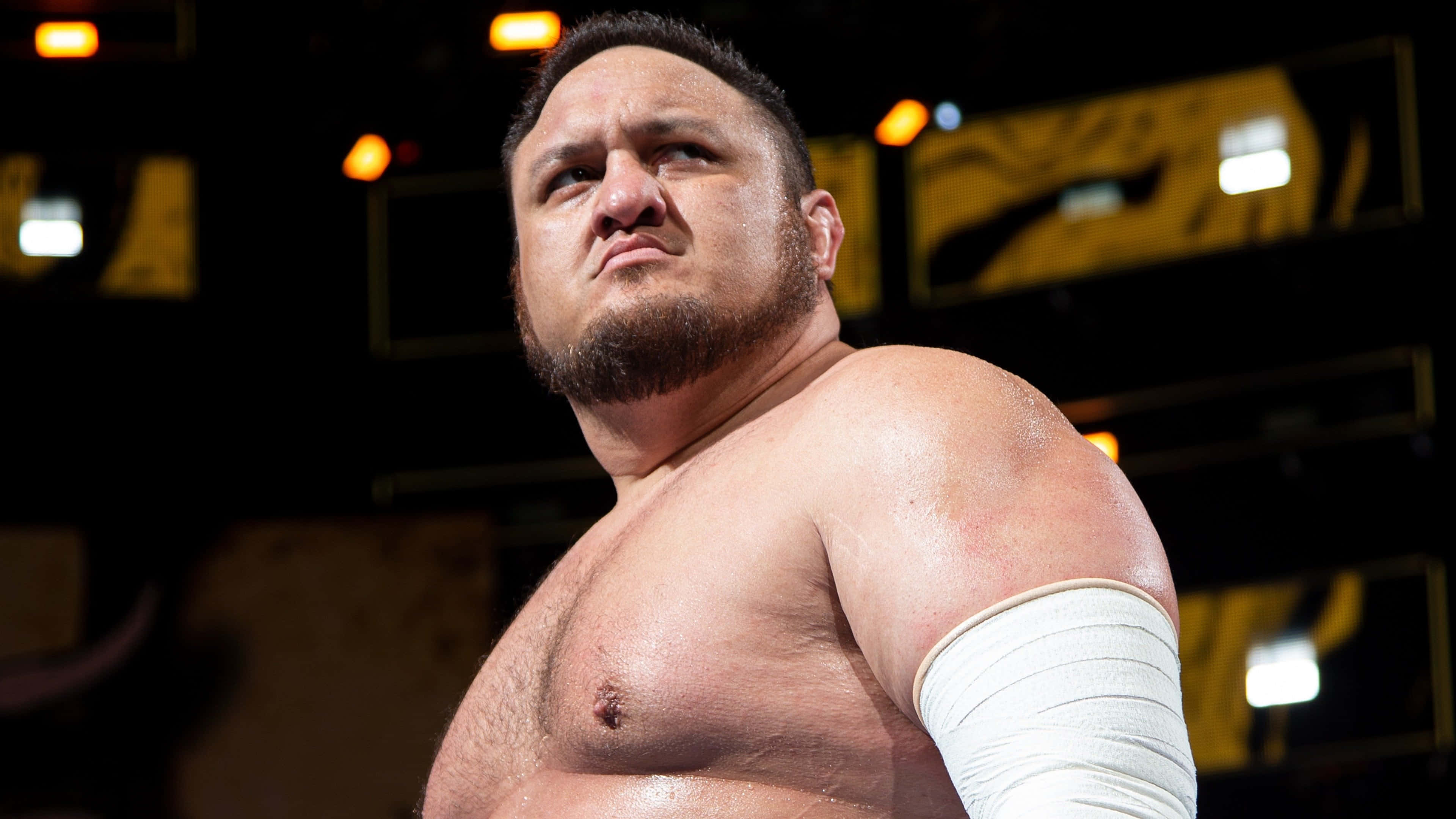 Aew 桌布 壁紙 — 一位肌肉發達、留著鬍鬚、戴著白色臂帶的摔角手，在昏暗的競技場中，身後有發光的燈光，他凝視著前方。