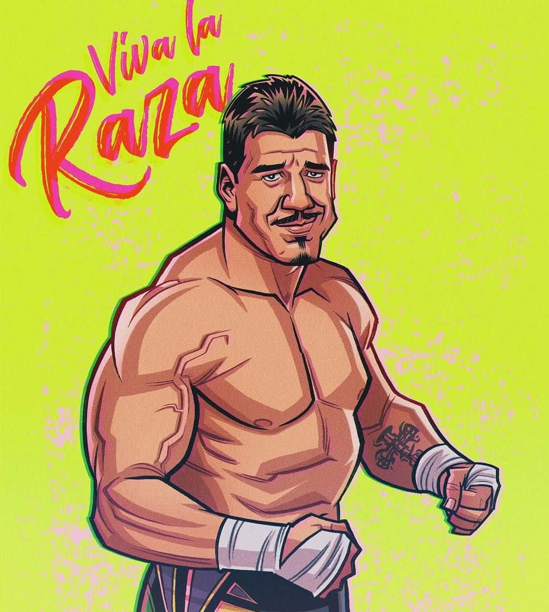 Wrestling 桌布 壁紙 — 一位肌肉發達、留鬍子、手臂有刺青的摔角手，自信地站在明亮的萊姆綠色背景前，上面有「Viva la Raza」字樣。