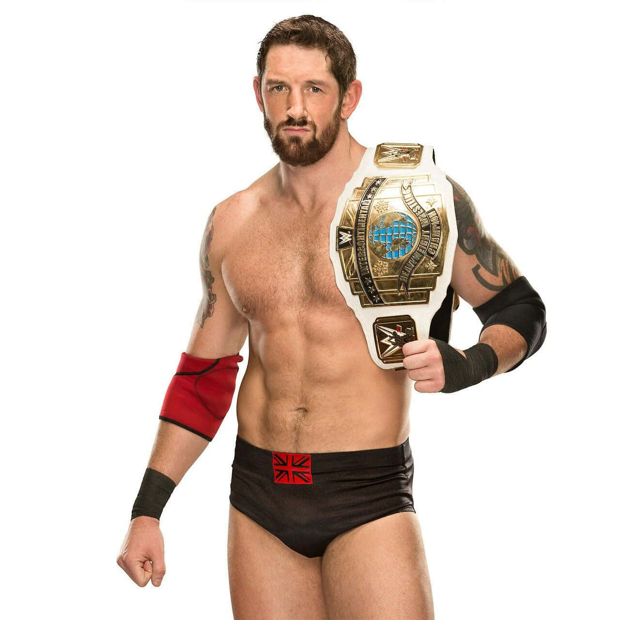 Champion 桌布 壁紙 — 一位肌肉發達、留鬍子、有刺青的摔角手自信地擺姿勢，手持WWE冠軍腰帶，背景為白色。
