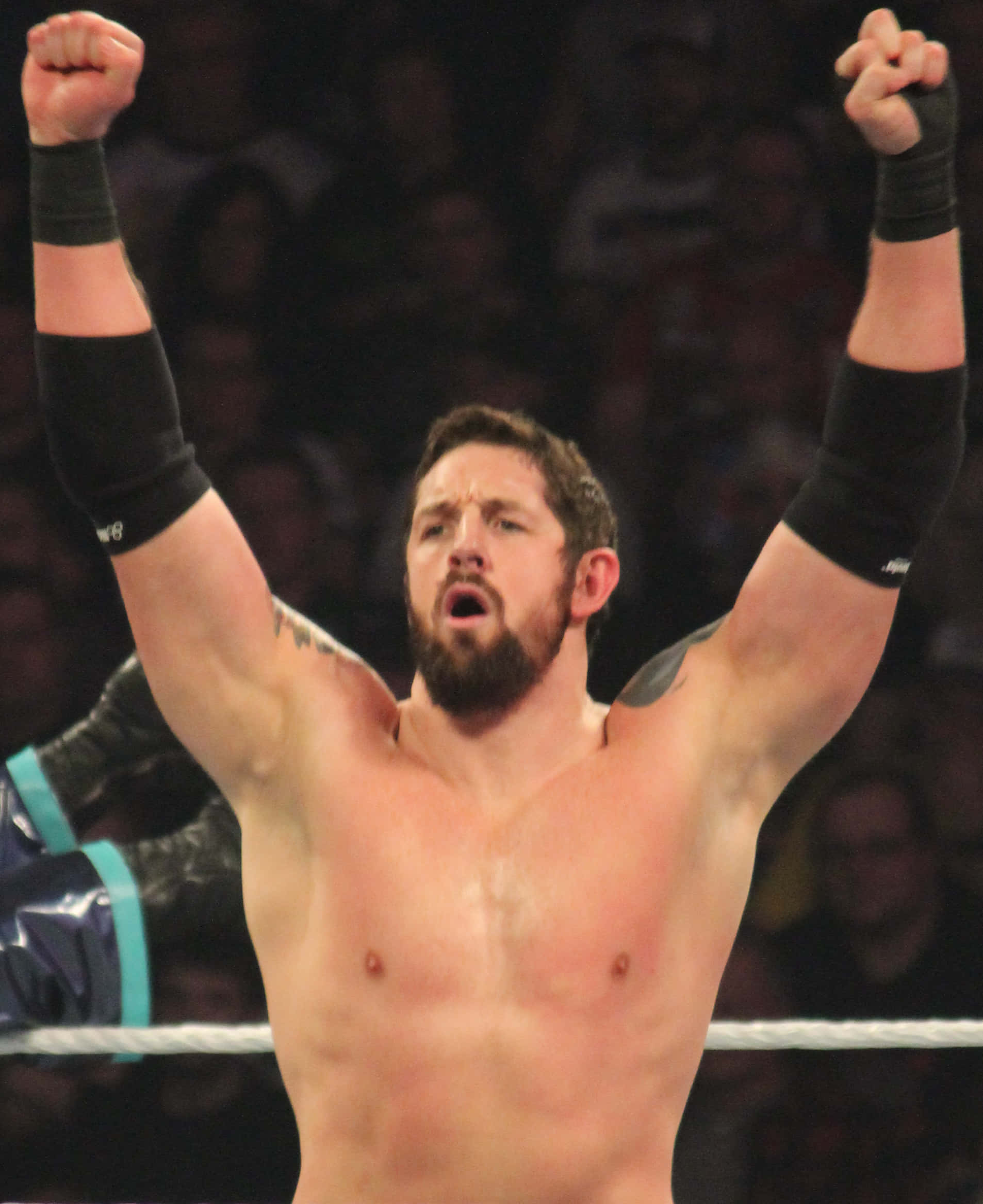 WWE 桌布 壁紙 — 一位肌肉發達、留鬍子的摔角手在擂台內高舉雙拳慶祝勝利，身後是模糊的人群。