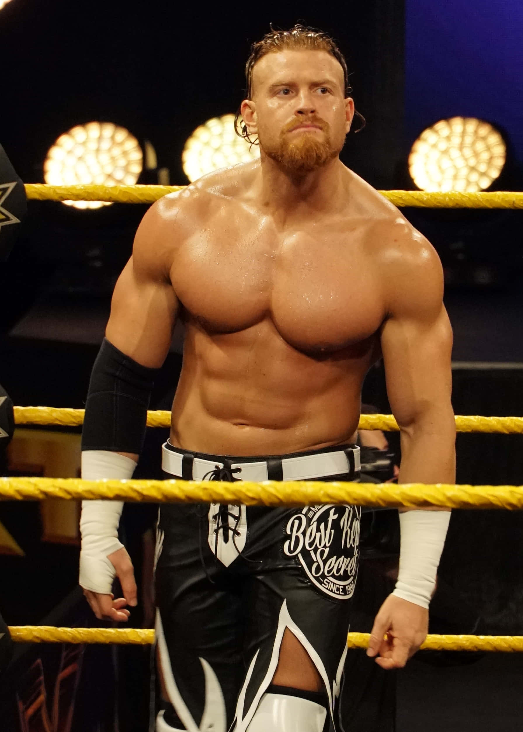 WWE 桌布 壁紙 — 一位肌肉發達、留鬍子的摔角手在明亮的場館燈光下自信地站在摔角台上。