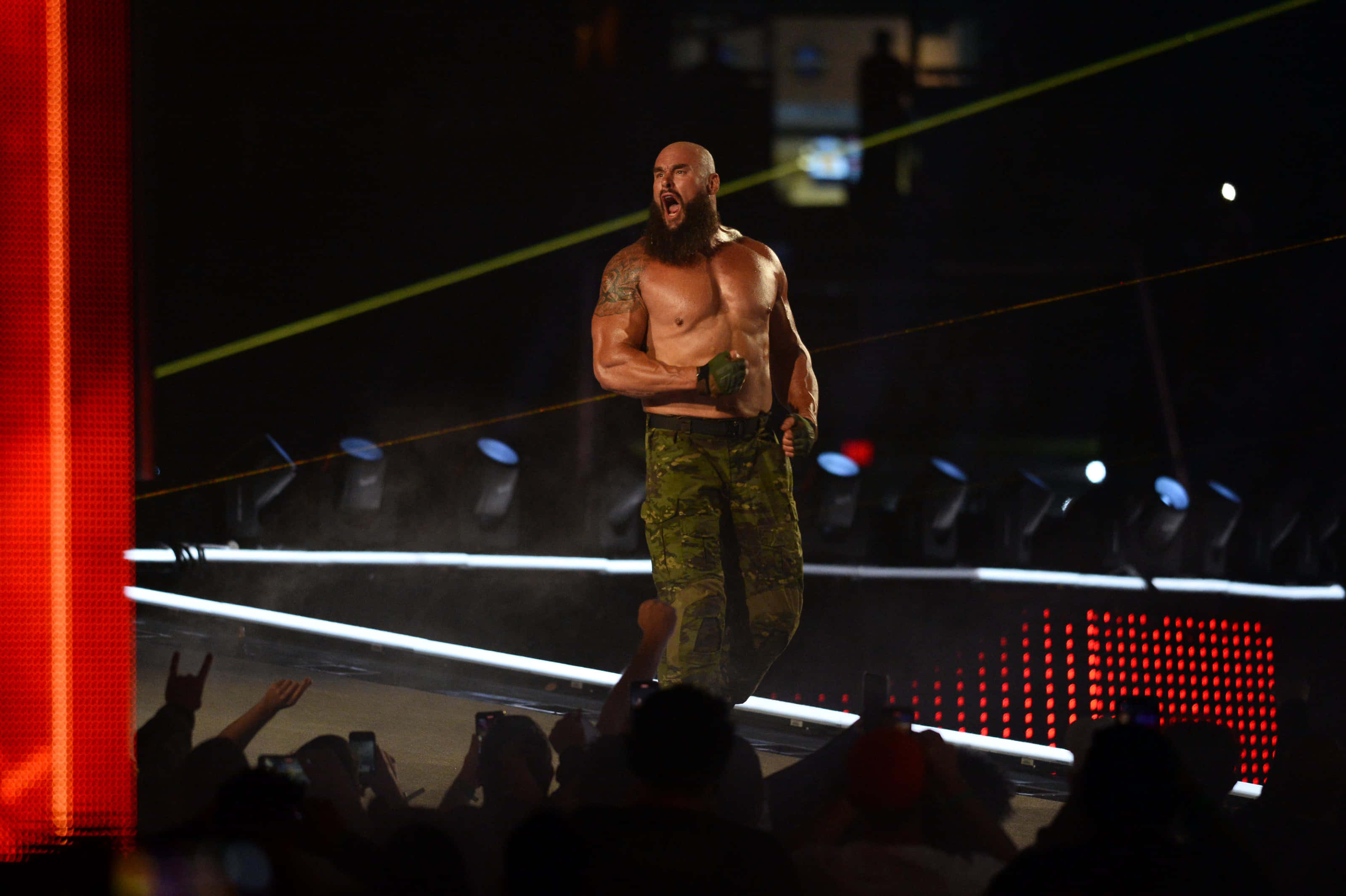 WWE 桌布 壁紙 — 一位肌肉發達、留鬍子的摔角手穿著迷彩褲，在燈光明亮的舞台上咆哮，粉絲們興奮地舉起雙手。