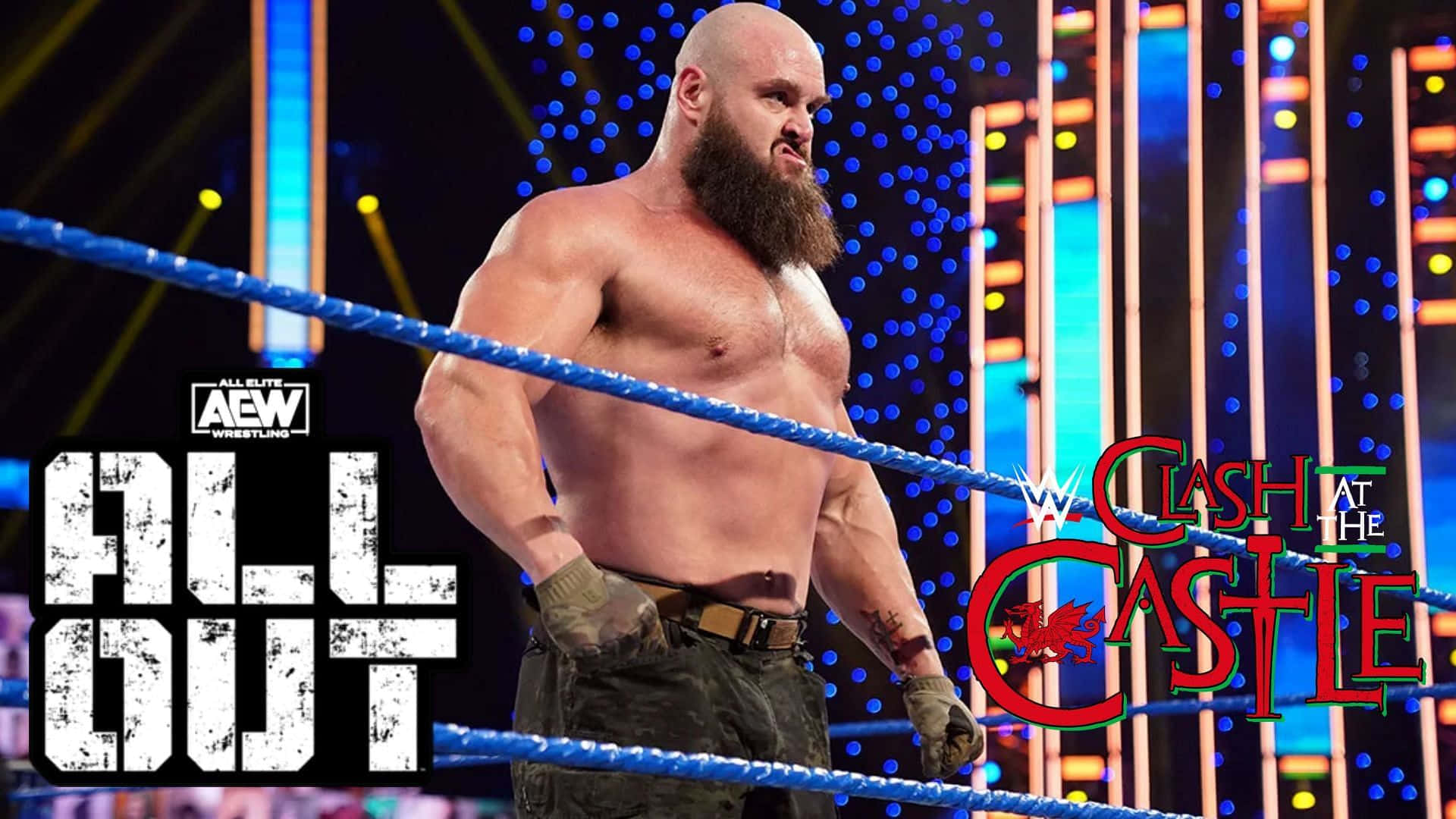 WWE 桌布 壁紙 — 一位肌肉發達、留鬍子的摔角手站在燈光明亮的擂台上，可見 'All Out' 和 'Clash at the Castle' 標誌。
