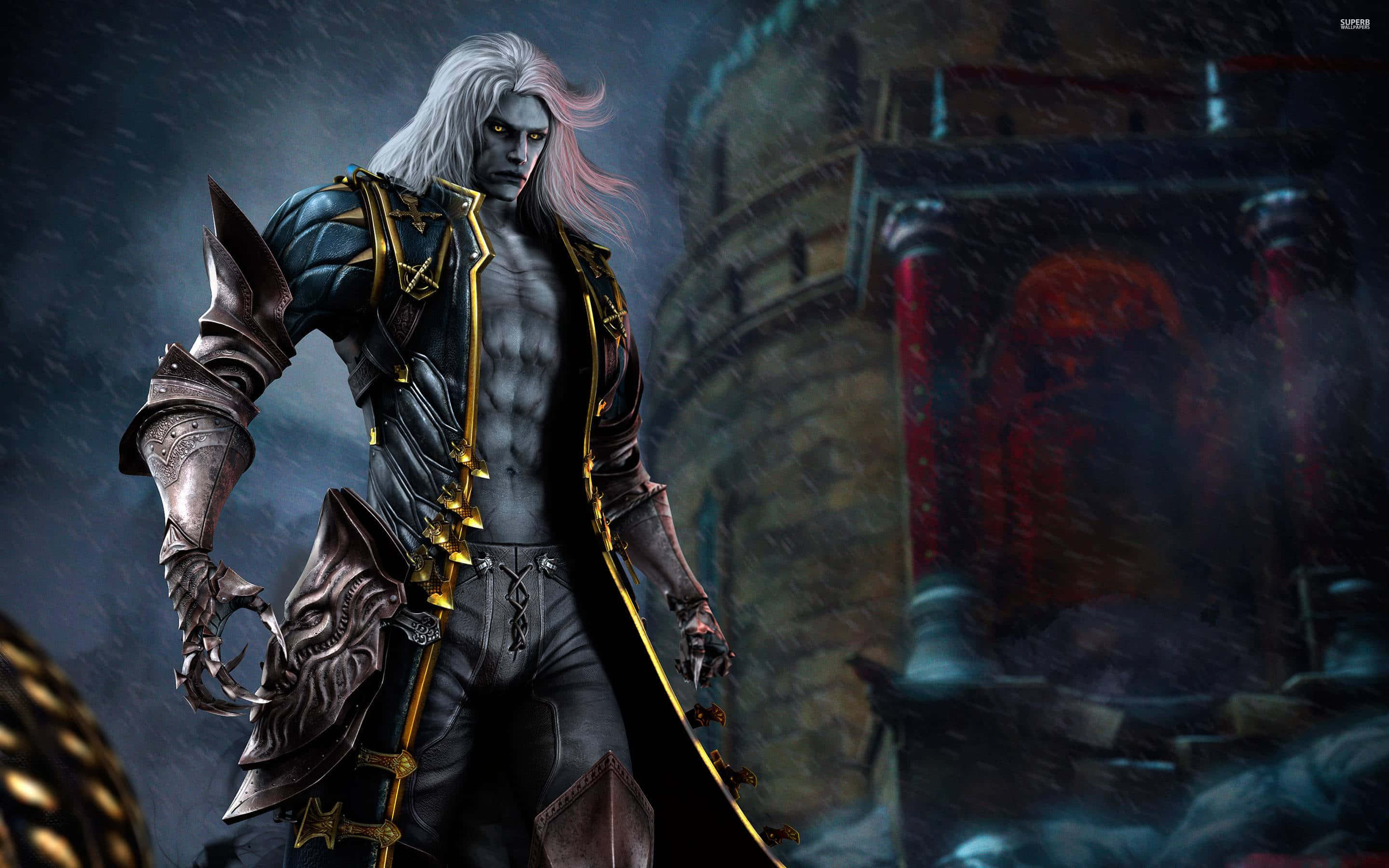 Castlevania 桌布 壁紙 — 一位肌肉發達、白髮、穿著華麗盔甲的奇幻戰士，站在黑暗風暴的城堡庭院中。