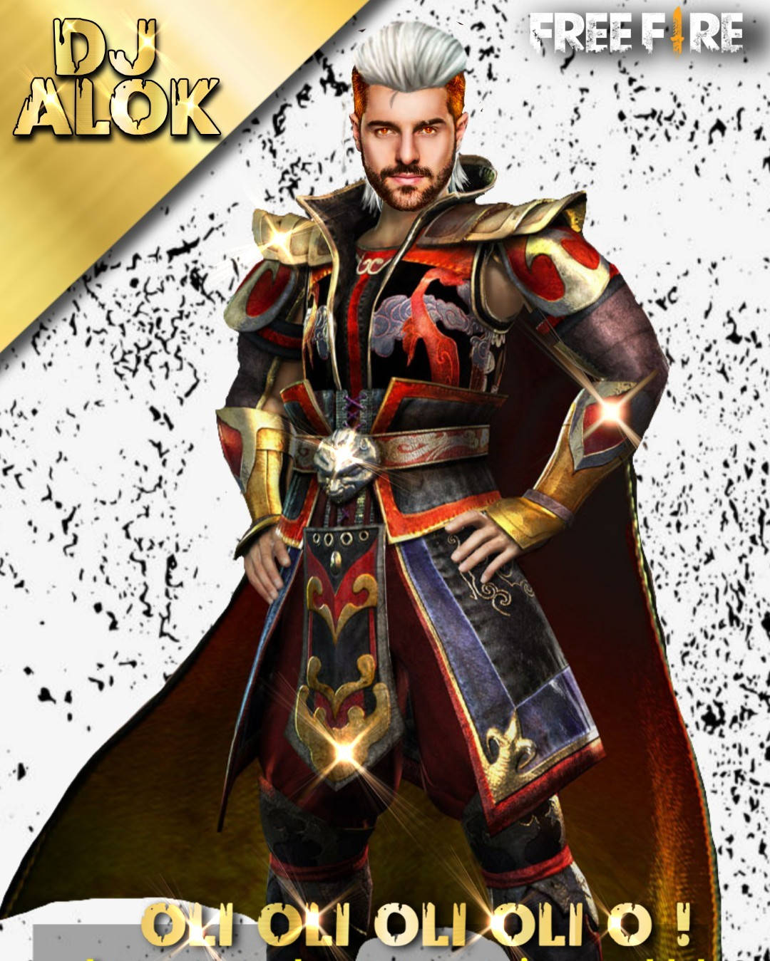 Free Fire Dj Alok 桌布 壁紙 — 一位肌肉發達、白髮白鬚的戰士，身穿華麗的紅金黑色盔甲，帶有發光點綴，背景為紋理白色。