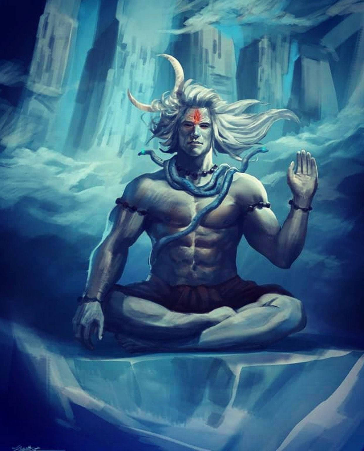 mahakal 3d 桌布 壁紙 — 一位肌肉發達、白髮長角的神祇，在冰封平台上冥想，四周環繞著高聳的藍色冰層。