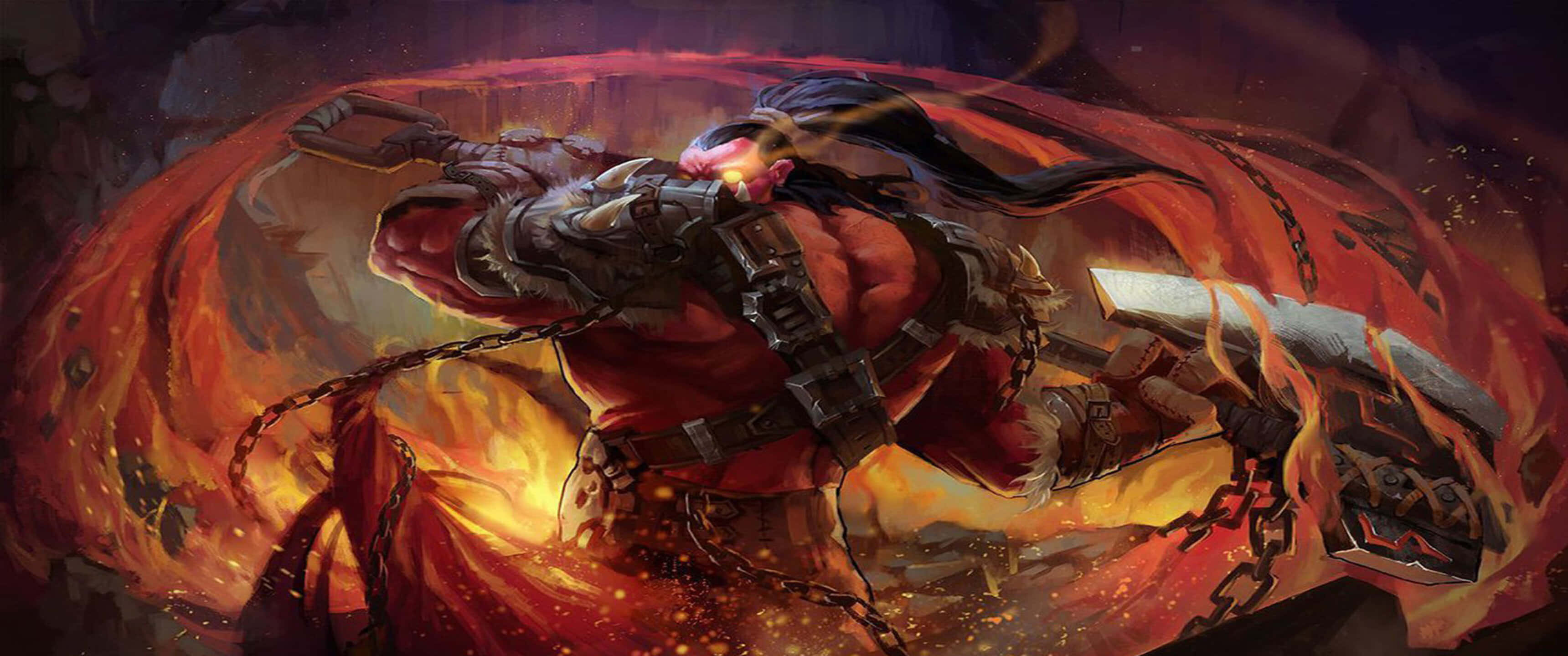 3440x1440p Hearthstone 桌布 壁紙 — 一位肌肉發達、眼睛發光的戰士在旋轉的火焰混亂中揮舞著火焰鏈條武器。