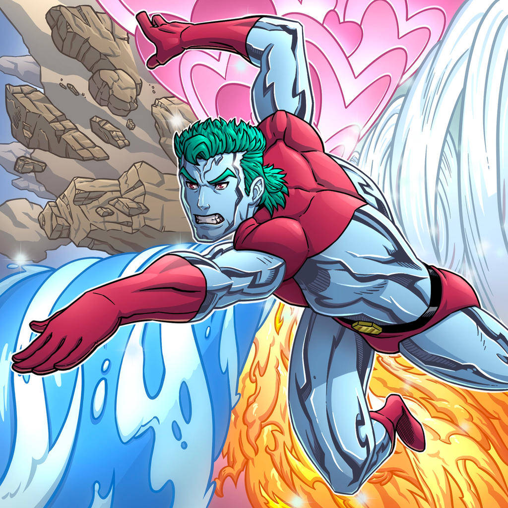 Captain Planet 桌布 壁紙 — 一位肌肉發達、綠髮的動漫英雄在岩石峭壁背景下，被水、火和粉紅心形包圍著飛翔在空中。