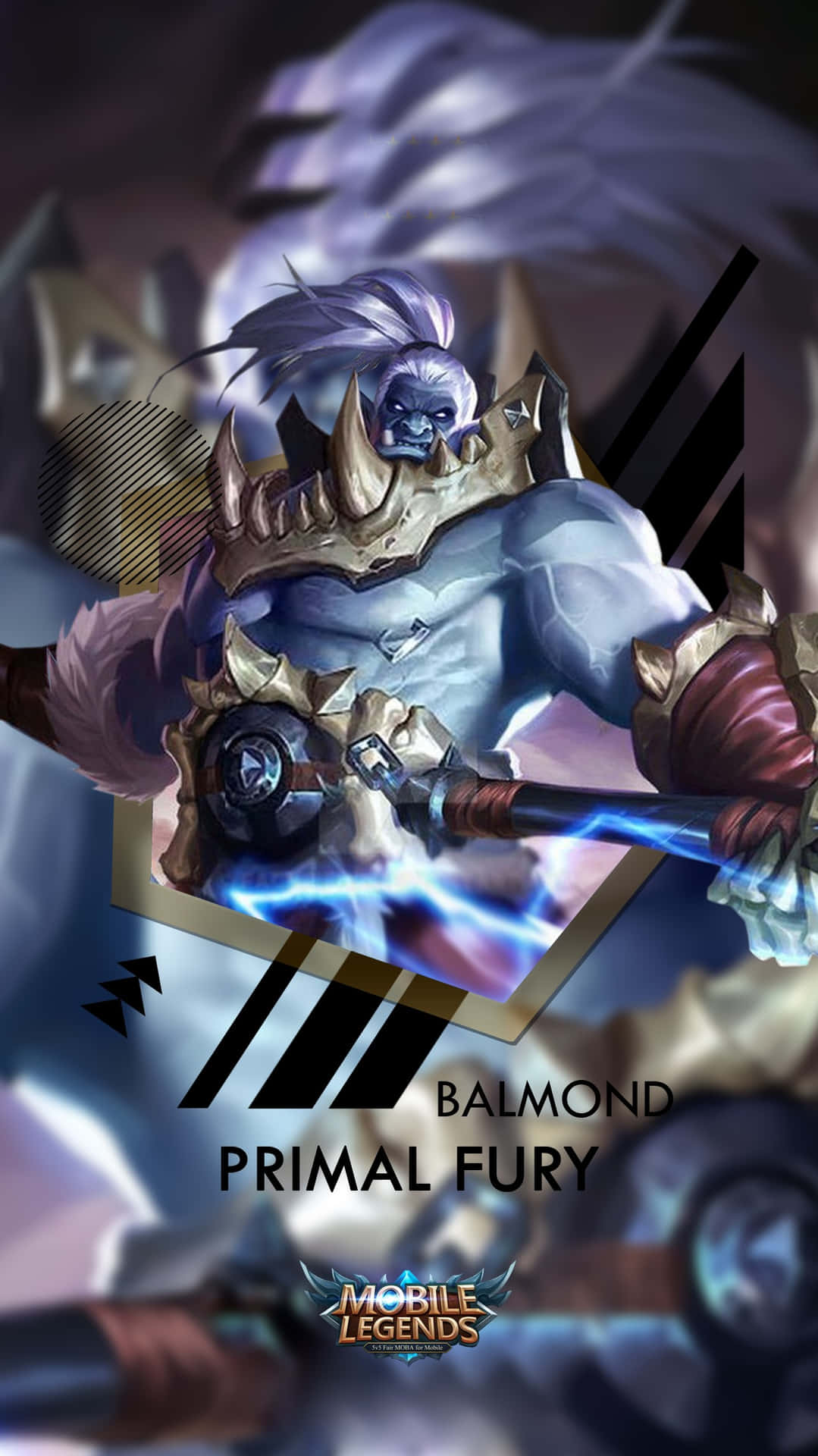 Mobile Legends 動態圖 桌布 壁紙 — 一位肌肉發達、藍皮膚、白髮的戰士，以動態的動畫戰鬥姿勢揮舞著發光的藍色武器。