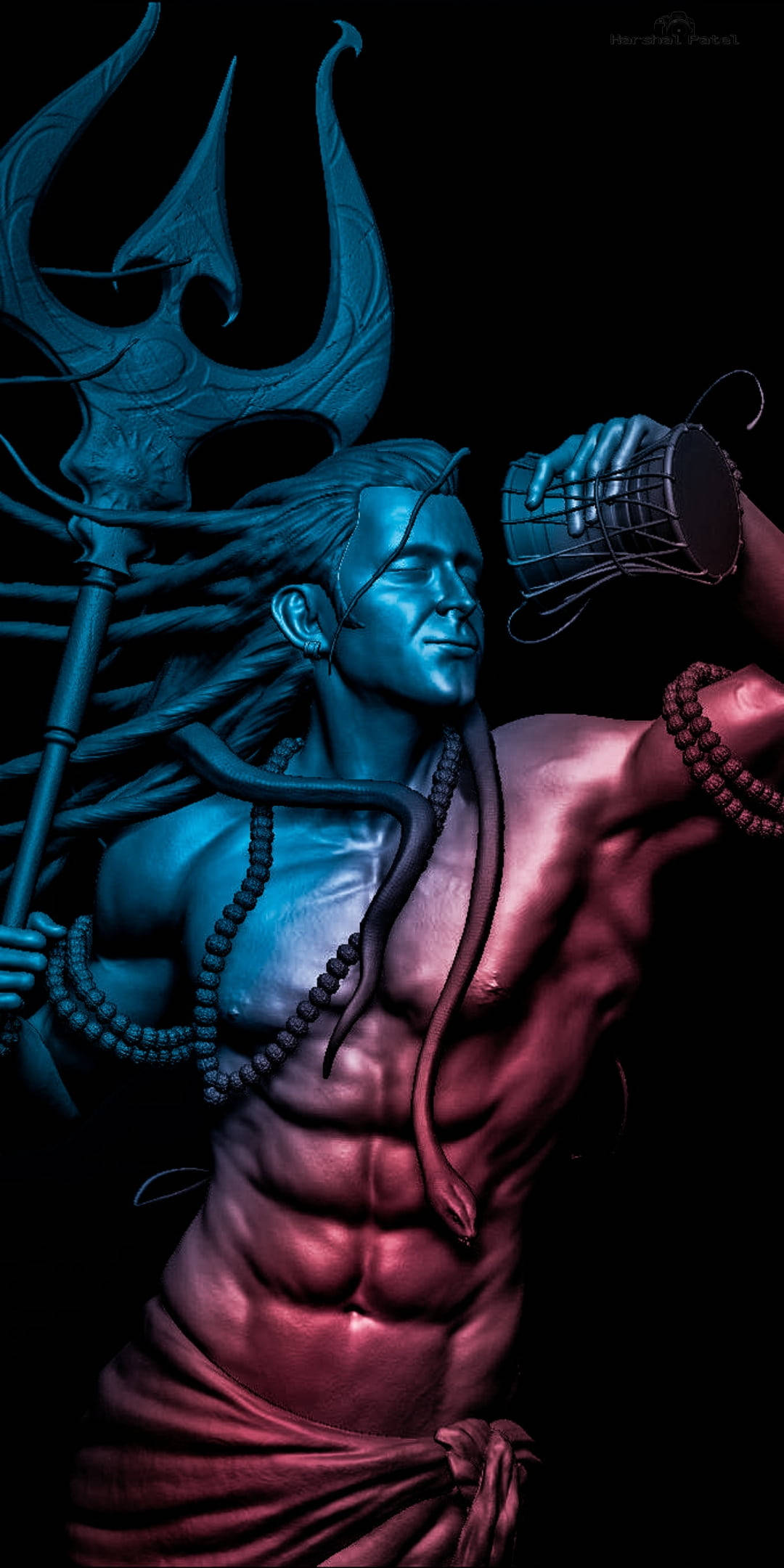 Statue Aesthetic 桌布 壁紙 — 一位肌肉發達、藍色皮膚的神祇，在黑色背景上以戲劇性的紅藍燈光手持三叉戟和鼓。