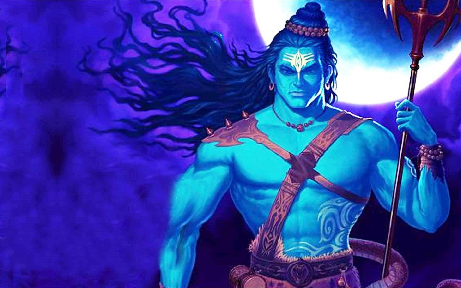 animated krishna 桌布 壁紙 — 一位肌肉發達、藍色皮膚的神祇，飄逸的深色頭髮，在發光的紫色月亮背景下揮舞著三叉戟。