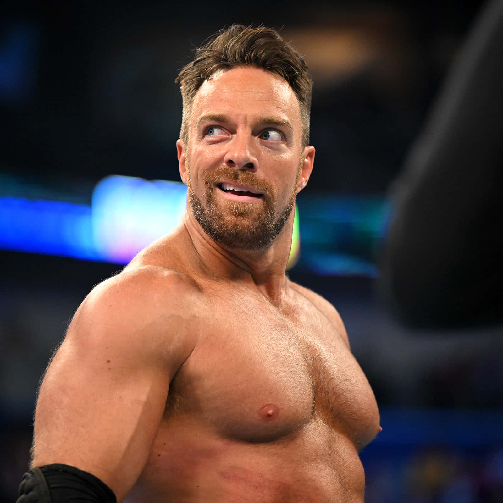 WWE 桌布 壁紙 — 一位肌肉發達、赤裸上身的鬍鬚摔角手在燈光明亮的競技場中自信地向上微笑。