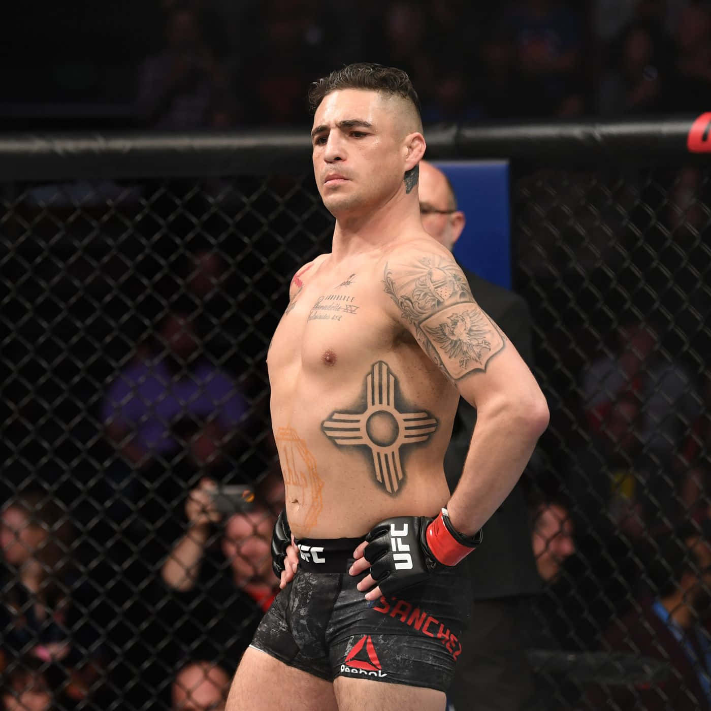 MMA 桌布 壁紙 — 一位肌肉發達、身上有刺青的UFC拳手在綜合格鬥賽事中自信地站在八角籠內。