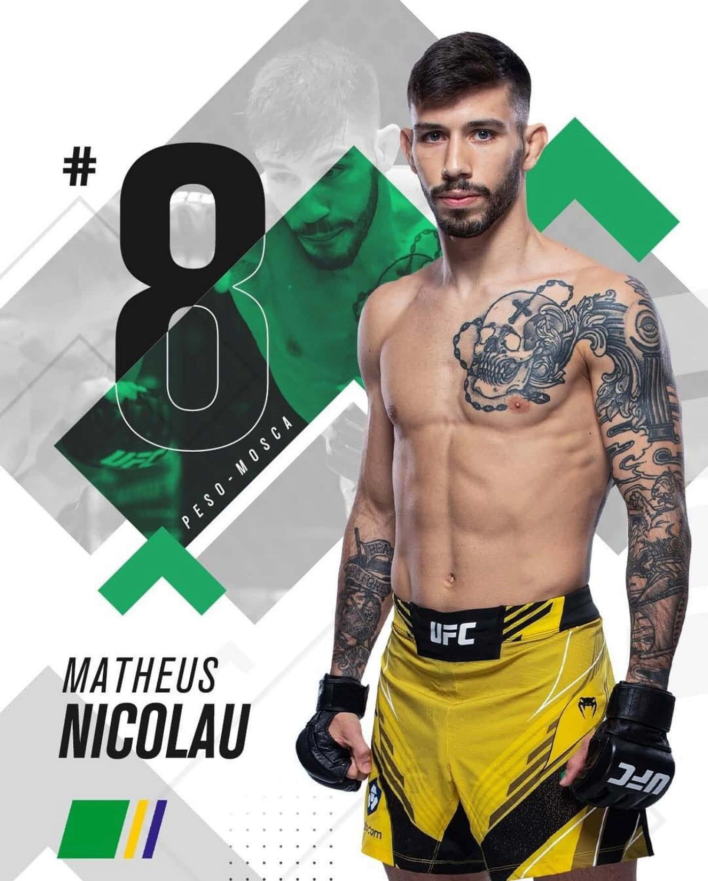 MMA 桌布 壁紙 — 一位肌肉發達、身上有刺青的UFC拳手，穿著黃色短褲和手套，在幾何綠色和灰色背景前凝視著。