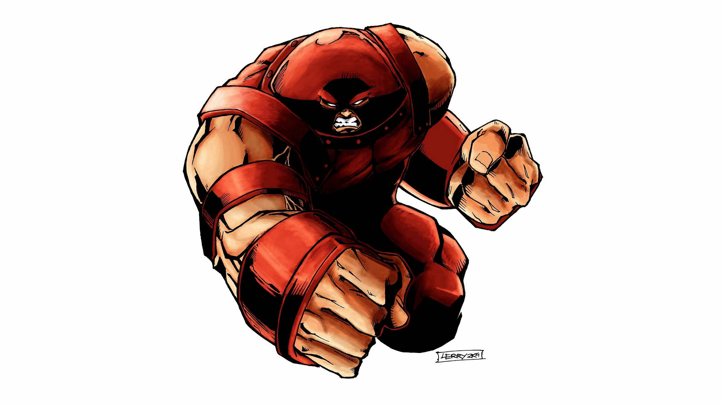 Juggernaut 桌布 壁紙 — 一位肌肉發達、身穿紅色緊身衣的超級英雄，以蹲伏的戰鬥姿勢，握緊拳頭，表情兇猛。
