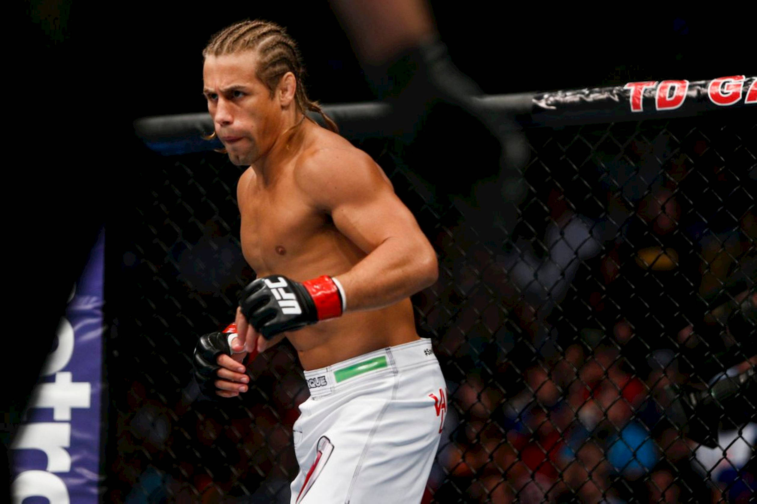 UFC 桌布 壁紙 — 一位肌肉發達、辮子頭的拳手在UFC八角籠內保持警覺，身穿白色短褲和紅色手套。