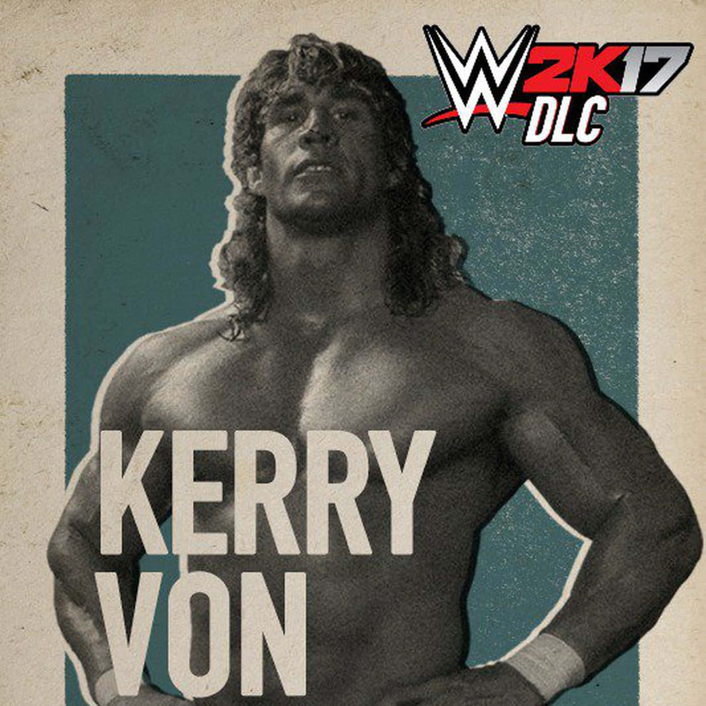 WWE 桌布 壁紙 — 一位肌肉發達、長捲髮的摔角手在帶有WWE 2K17 DLC文字的青色背景前自信地擺姿勢。