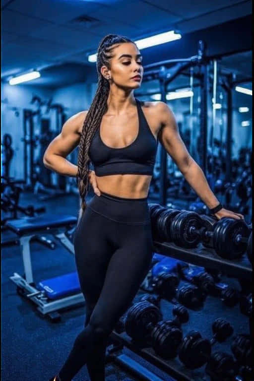 Empowered Gym Queen 壁紙 — 一位肌肉發達、長辮子的女性自信地站在燈光昏暗的健身房中，手持啞鈴，身穿黑色運動服。