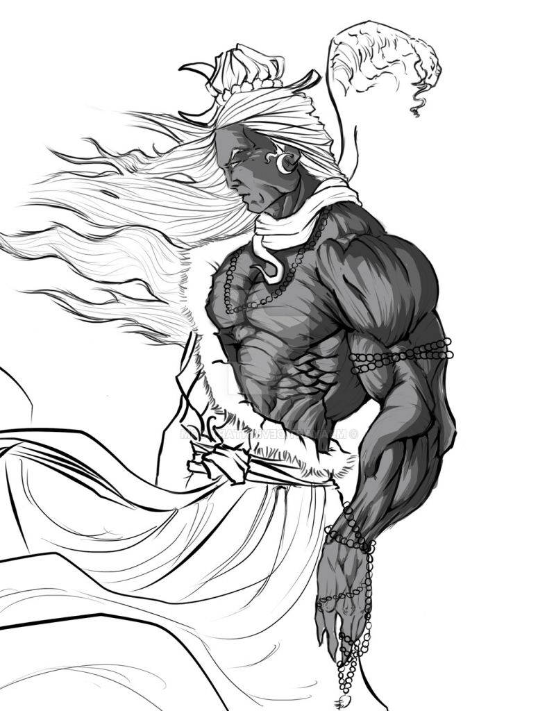 angry shiva 桌布 壁紙 — 一位肌肉發達、長髮飄逸、頭戴華麗頭飾的戰士，以動態姿勢站立，以細緻的黑白線條藝術呈現。