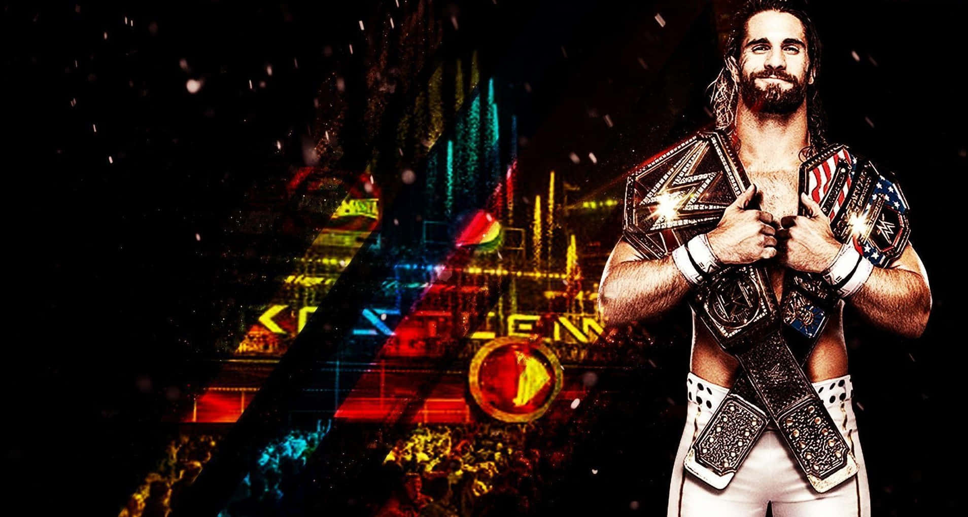 seth rollins 桌布 壁紙 — 一位肌肉發達、長髮鬍鬚的摔角手，在充滿活力的霓虹燈競技場背景下，自豪地高舉兩條冠軍腰帶，背景有發光的「WWE」字樣。