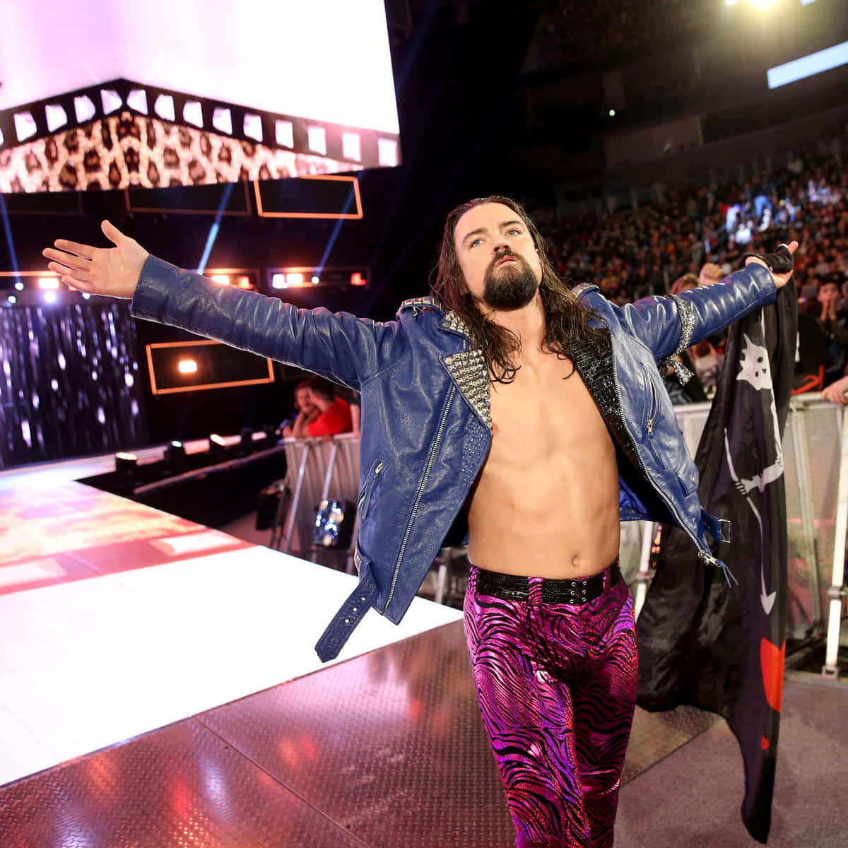 WWE 桌布 壁紙 — 一位肌肉發達、長髮鬍鬚的摔角手站在燈光璀璨的舞台上，身穿藍色外套和紫色斑馬紋褲，雙臂大開迎接歡呼的人群。