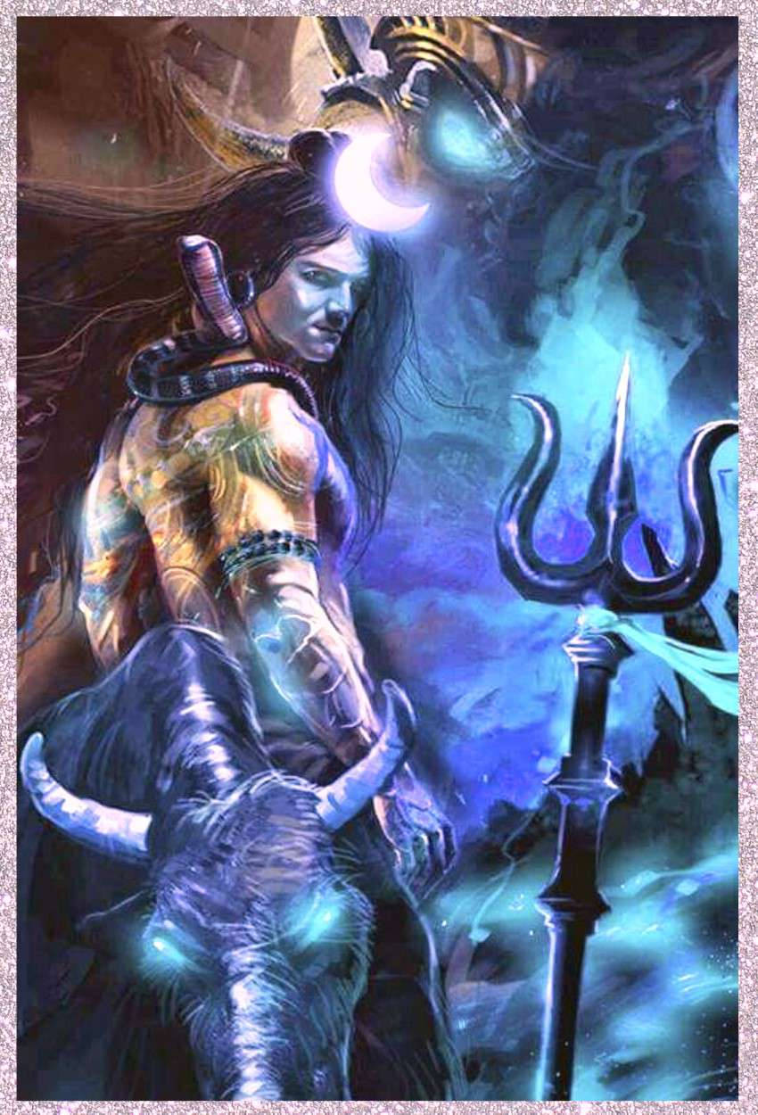 angry shiva 桌布 壁紙 — 一位肌肉發達、長黑髮、戴新月冠冕的神祇，騎著發光的藍色公牛，手持三叉戟，背景是神秘的藍紫色宇宙。