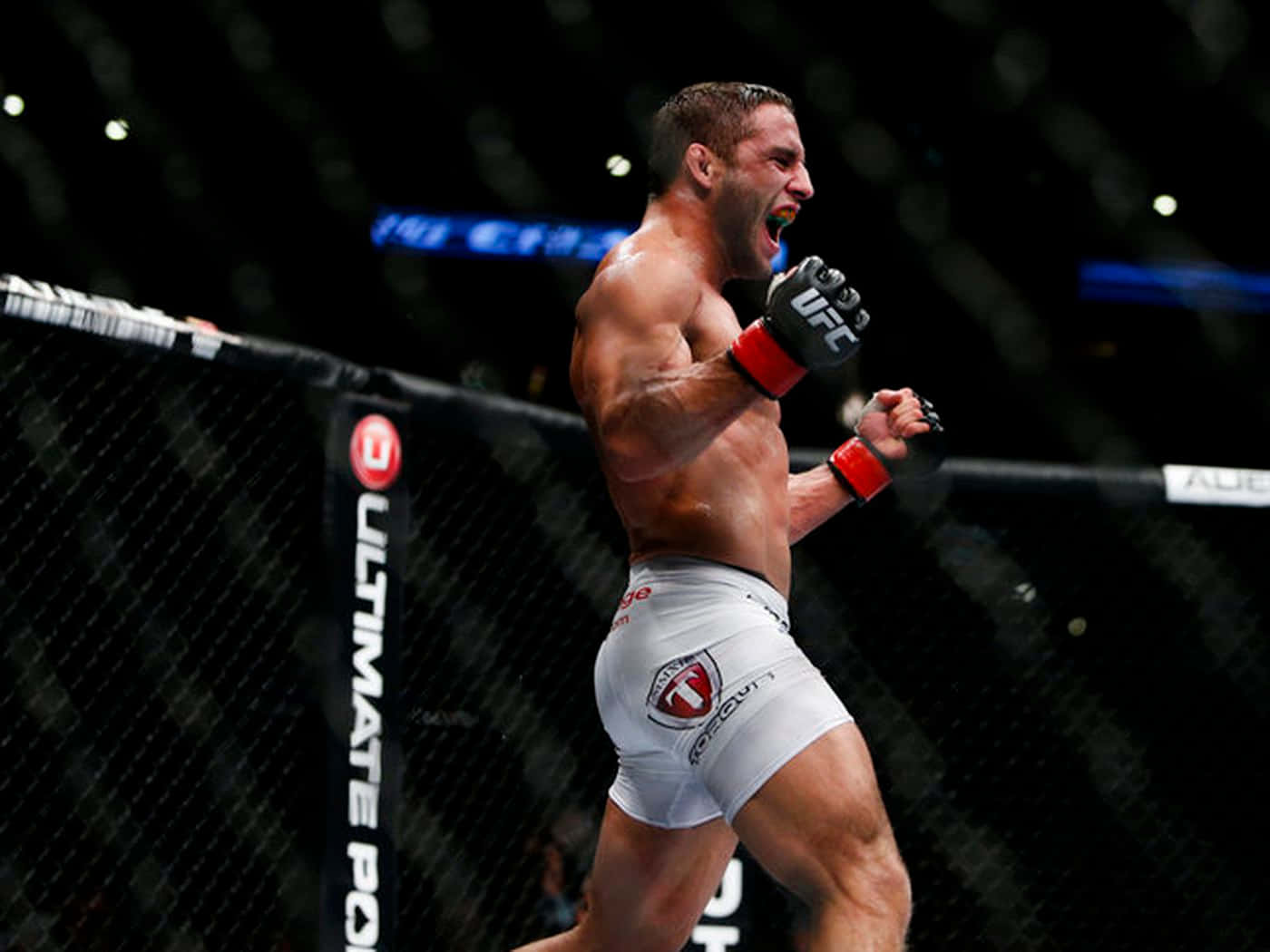 MMA 桌布 壁紙 — 一位肌肉發達的MMA拳手在明亮的場館燈光下，於UFC八角籠內發出勝利的怒吼。