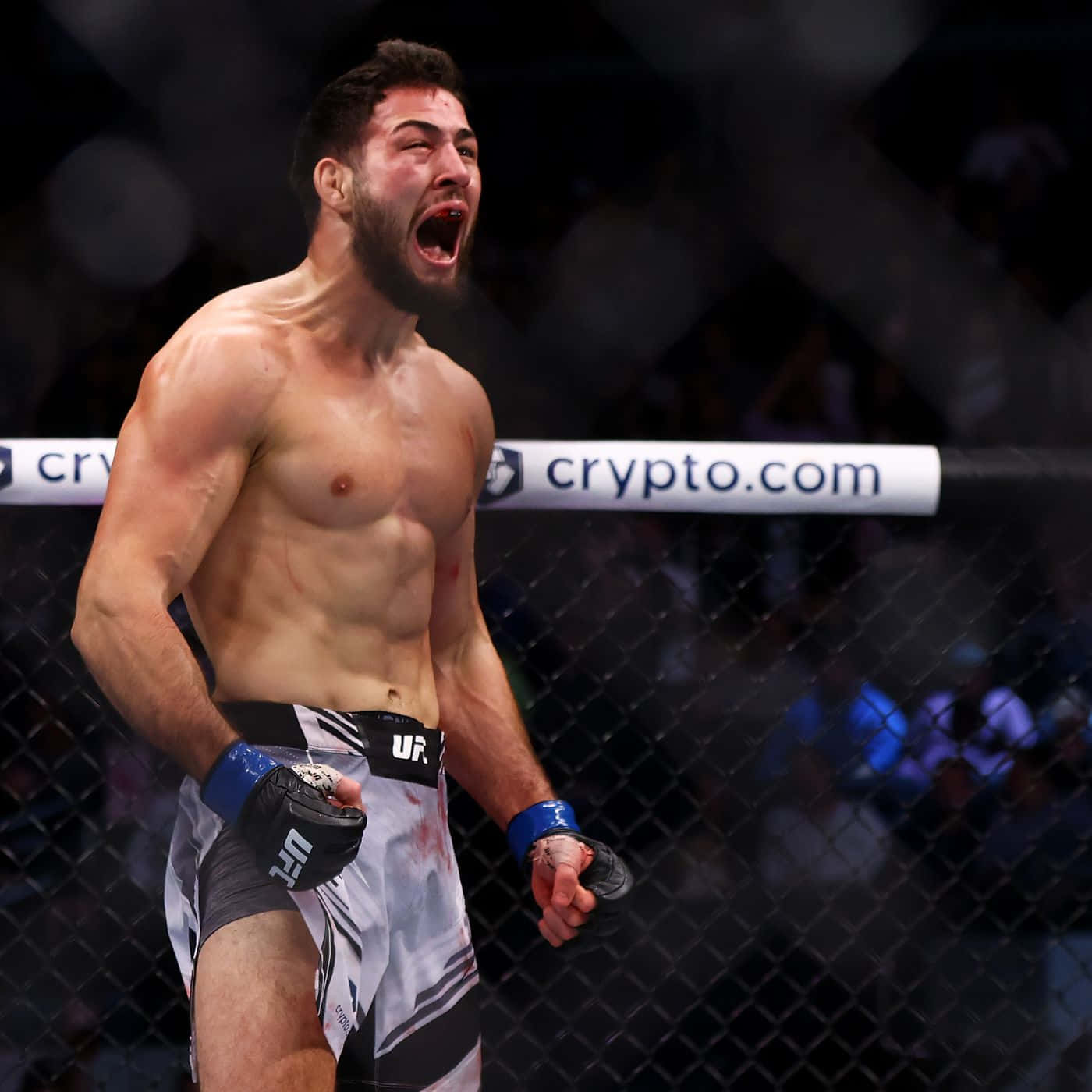 UFC 桌布 壁紙 — 一位肌肉發達的MMA拳手在籠內勝利咆哮，身後可見「crypto.com」品牌標誌。