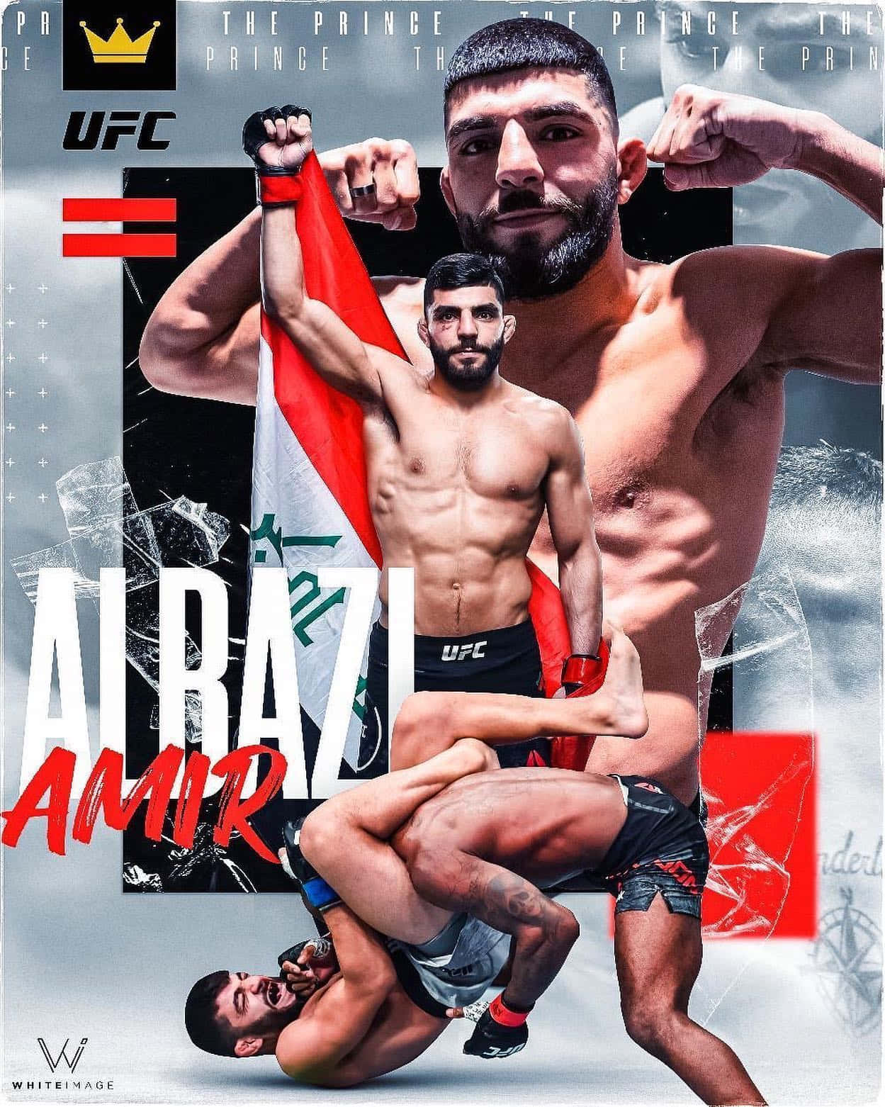 UFC 桌布 壁紙 — 一位肌肉發達的UFC拳手勝利地高舉伊拉克國旗，動態拼貼展示了他的戰鬥姿勢。