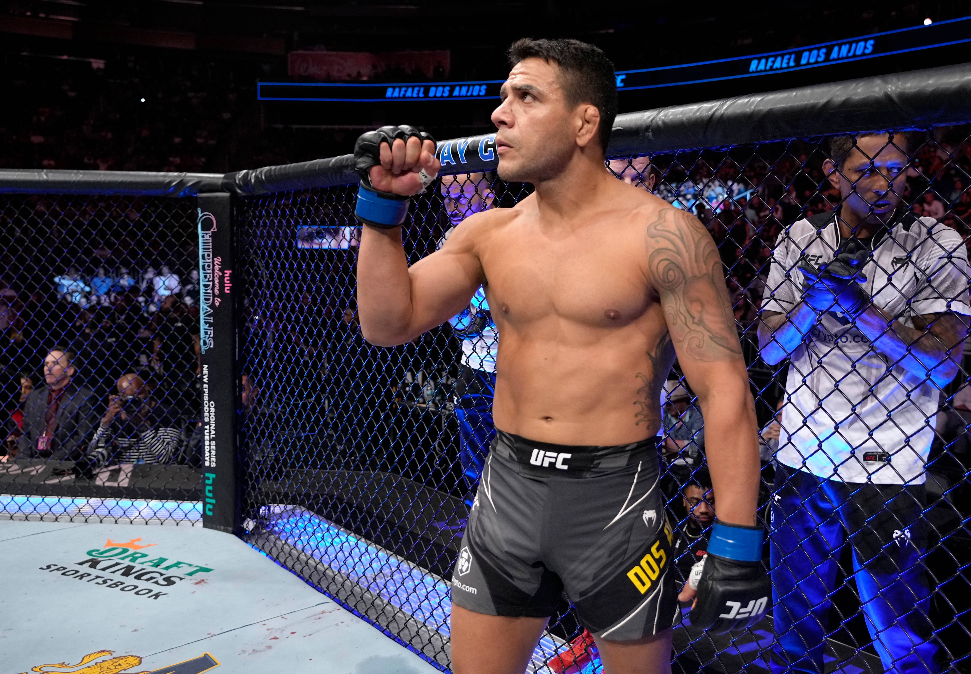 UFC 桌布 壁紙 — 一位肌肉發達的UFC拳手在八角籠中勝利地舉起拳頭，藍色燈光照亮籠子和人群。
