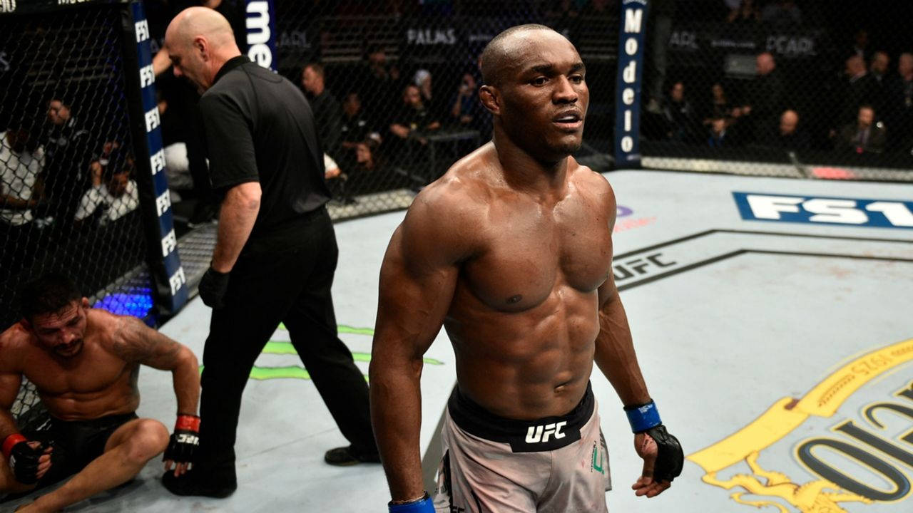 UFC 桌布 壁紙 — 一位肌肉發達的UFC拳手在八角籠中勝利地站立，而他的對手則坐在墊子上被擊敗。