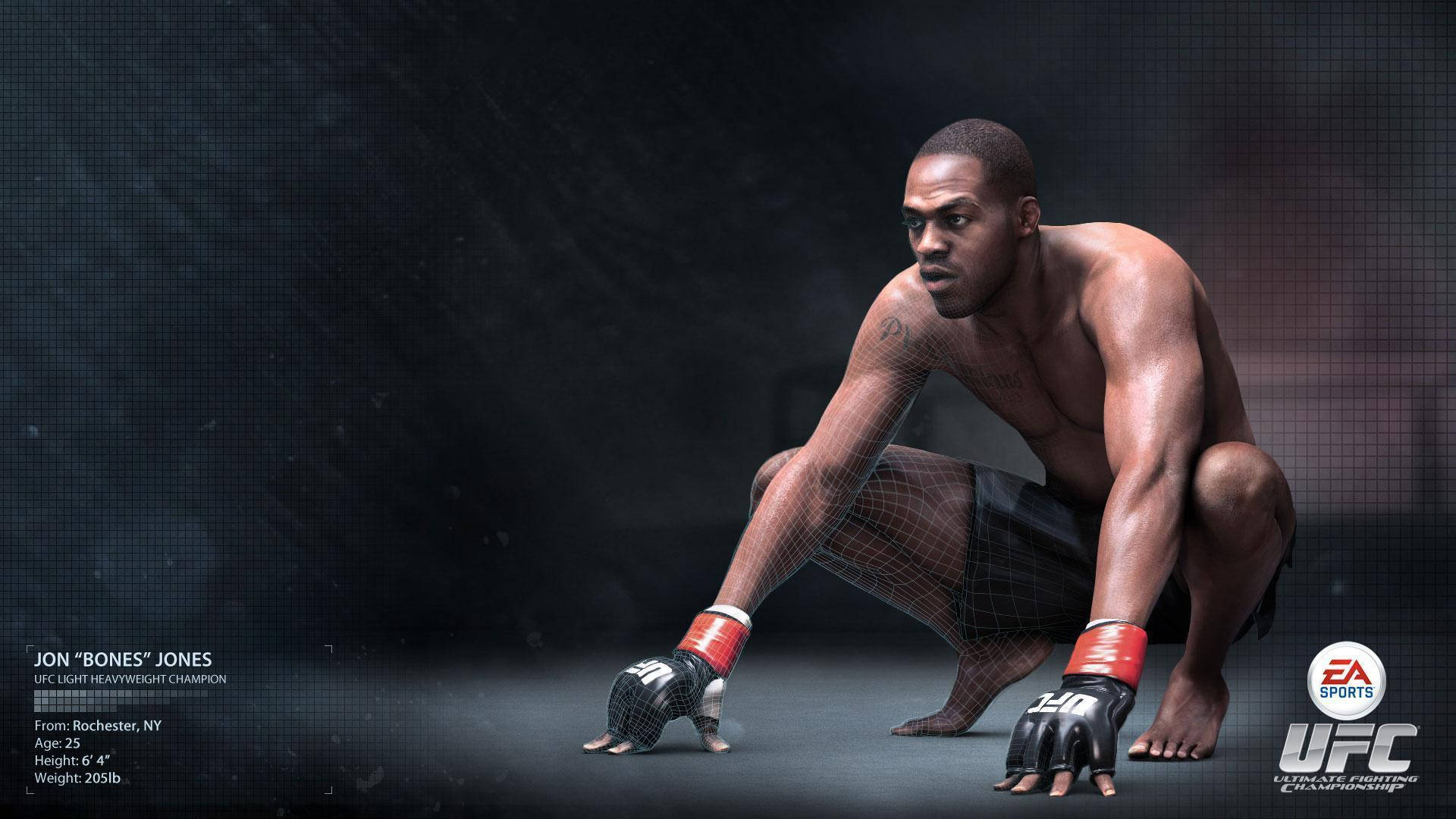 3D 桌布 壁紙 — 一位肌肉發達的UFC拳手在昏暗的八角籠中蹲下，戲劇性的燈光凸顯了他專注的表情和紋身的手臂。