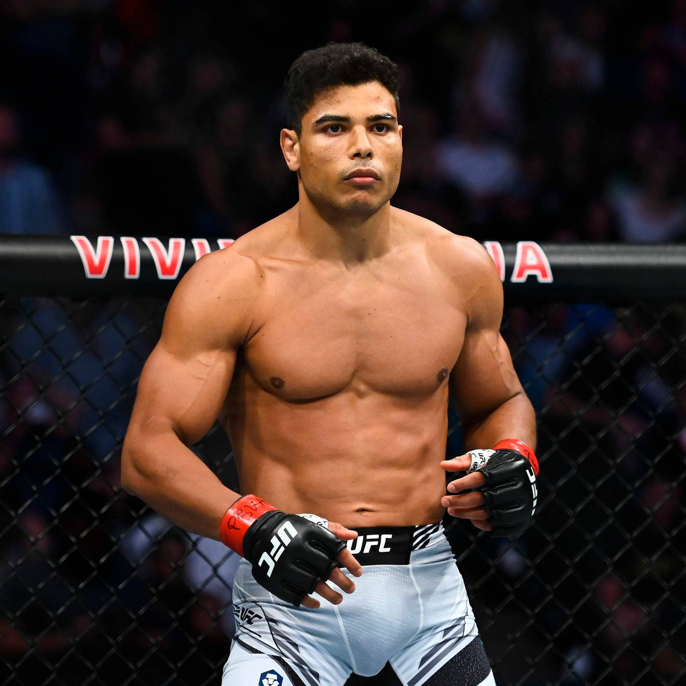 UFC 桌布 壁紙 — 一位肌肉發達的UFC拳手專注地站在八角籠內，鐵絲網後是模糊的人群。
