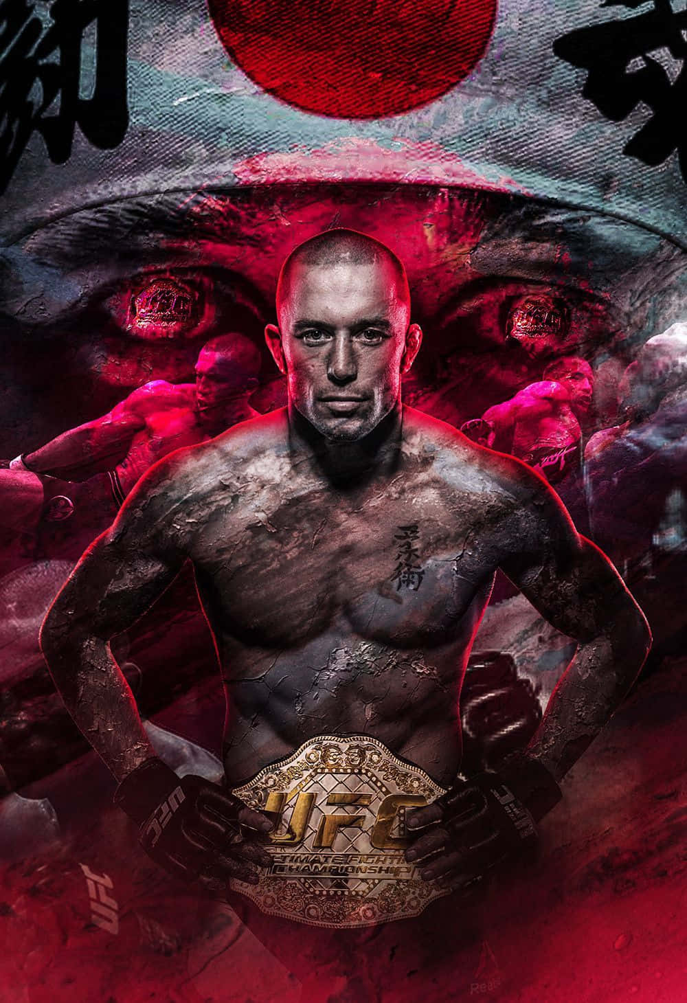 graphic art 桌布 壁紙 — 一位肌肉發達的UFC拳手帶著冠軍腰帶，站在紅太陽和兇猛眼睛下，呈現粗糙的紅黑數位藝術海報。