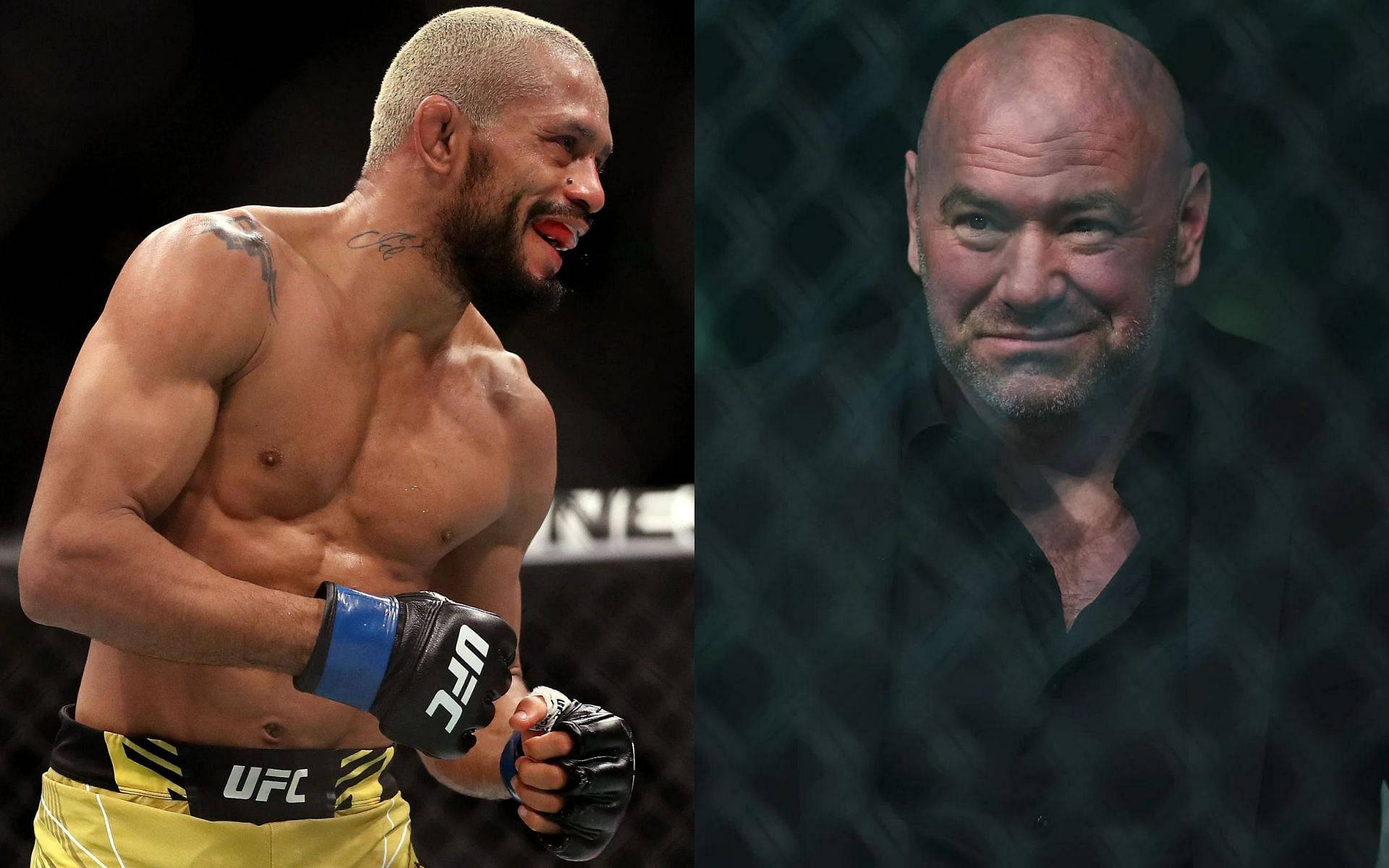 UFC 桌布 壁紙 — 一位肌肉發達的UFC拳手穿著黃色短褲，在八角籠內慶祝，旁邊是一位穿著深色襯衫的光頭男子，背景是鐵絲網圍欄。