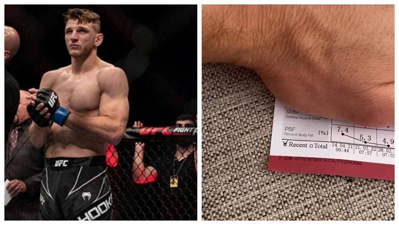 UFC 桌布 壁紙 — 一位肌肉發達的UFC拳手站在八角籠中手持手套，而特寫鏡頭顯示一張體脂測試卡放在有紋理的布料上。