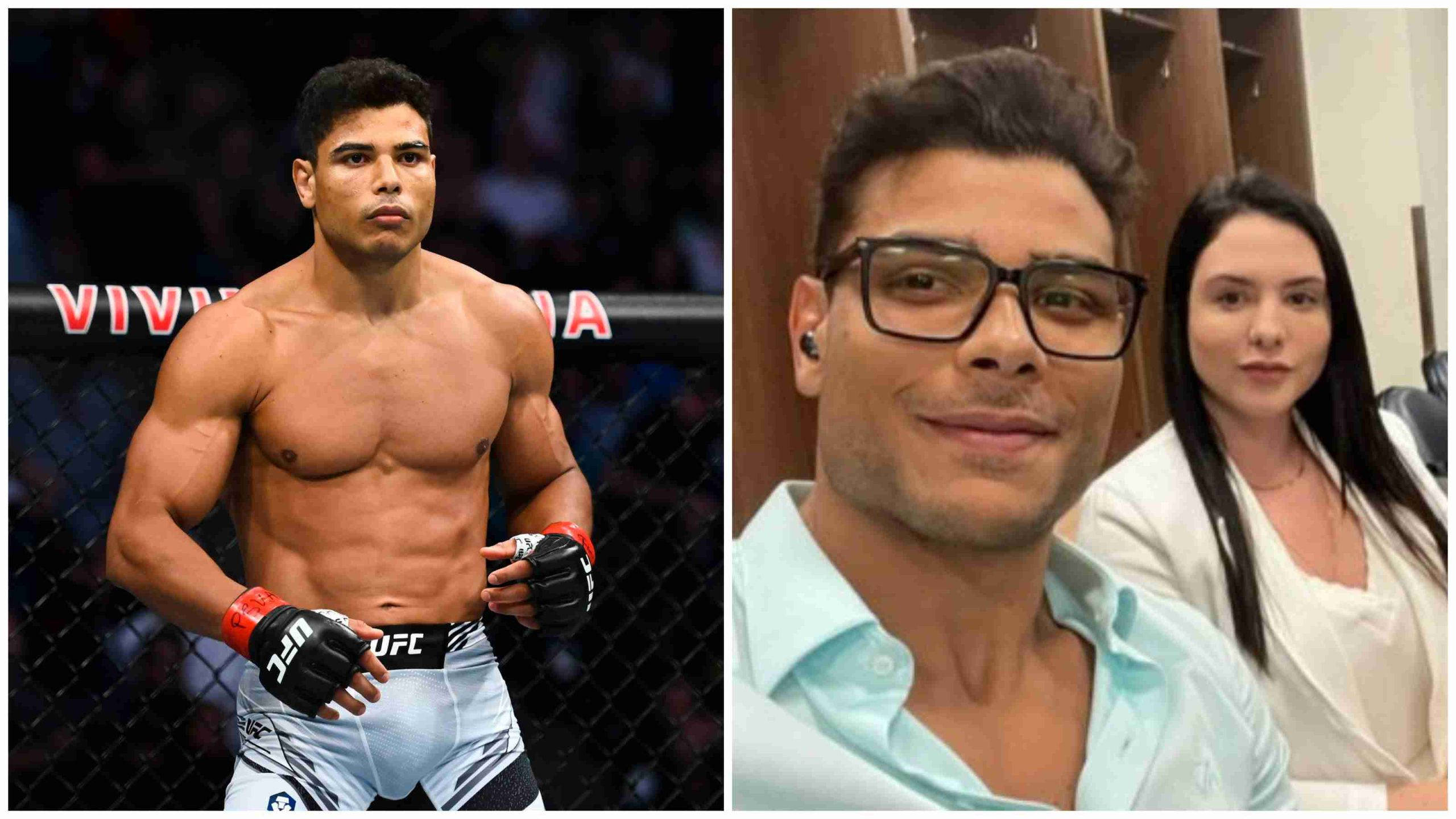 MMA 桌布 壁紙 — 一位肌肉發達的UFC拳手站在八角籠中，而一位戴眼鏡的男子在更衣室裡微笑地站在一位女士旁邊。