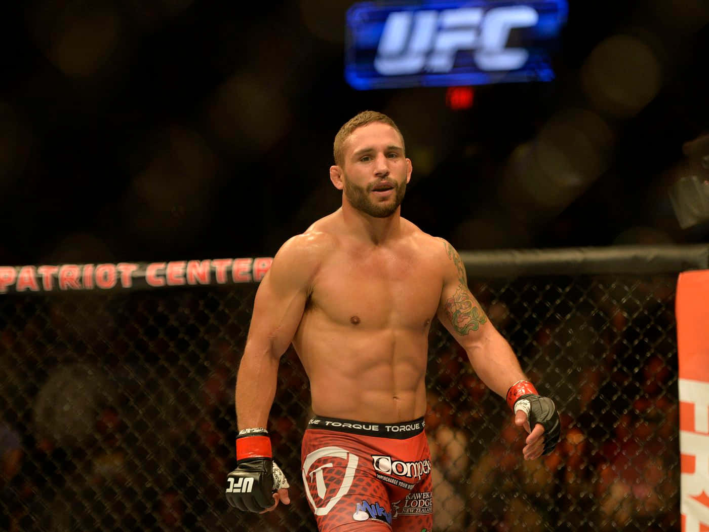 MMA 桌布 壁紙 — 一位肌肉發達的UFC拳手站在愛國者中心的八角籠內，身穿紅色短褲和手套，在場館燈光下展現專注的表情。
