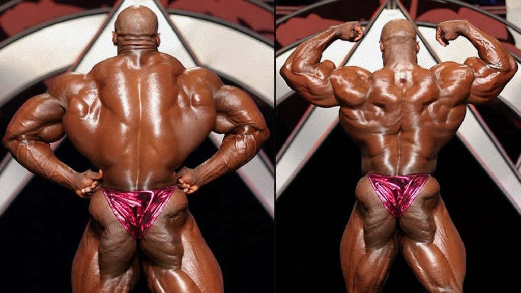 運動 桌布 壁紙 — 一位肌肉發達的健美運動員穿著閃亮的粉紅色比賽褲，在比賽姿勢中繃緊背部和手臂。