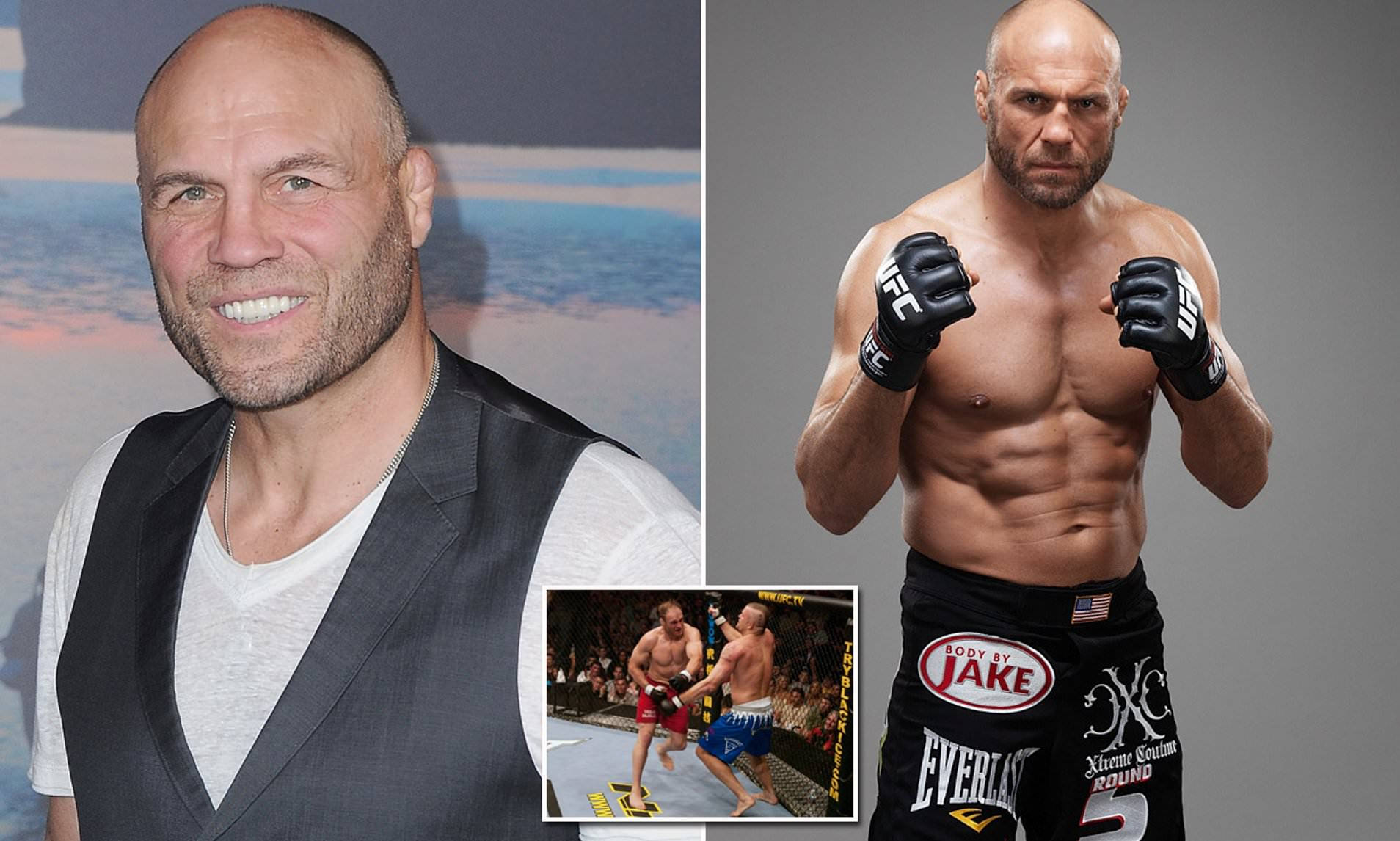 MMA 桌布 壁紙 — 一位肌肉發達的光頭鬥士穿著戰鬥裝備和西裝，以海洋和競技場場景為背景擺姿勢。