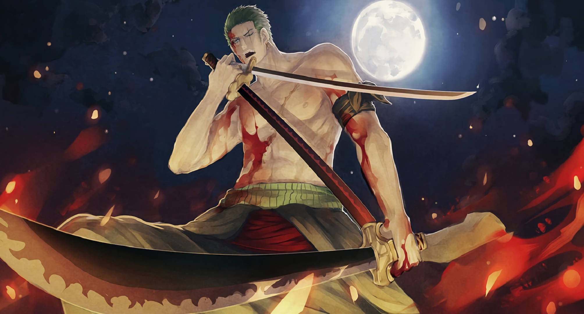 Roronoa 桌布 壁紙 — 一位肌肉發達的動漫劍士，綠色頭髮，血跡斑斑的軀幹，在滿月下挑釁地站立，揮舞著巨大的刀刃，周圍是熾熱的火星。