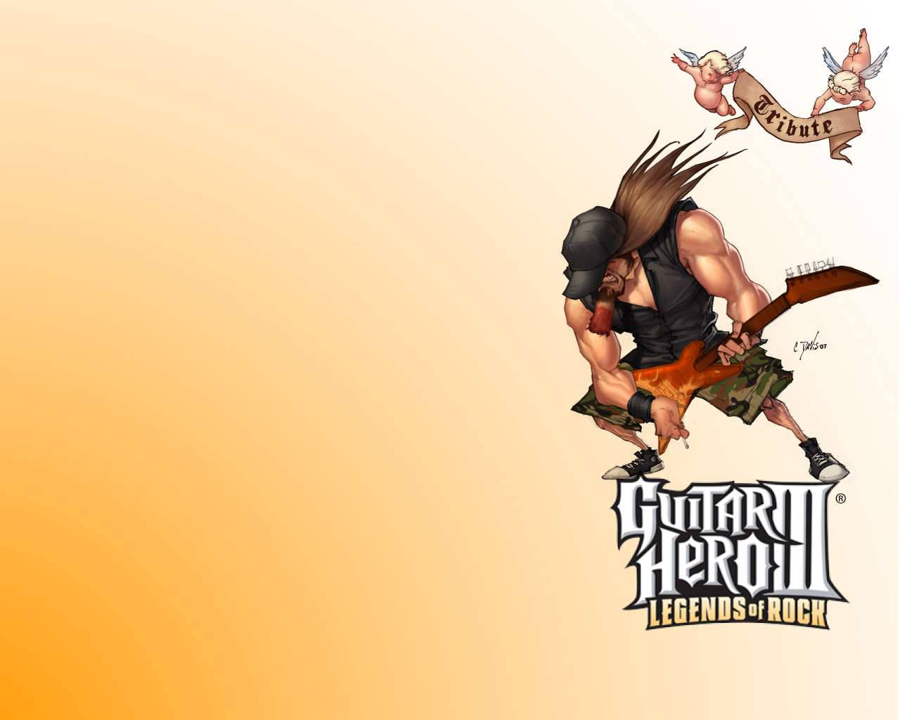 動漫吉他手彈奏燃燒吉他，小天使們在Guitar Hero III標誌上方舉著致敬橫幅。 — 吉他英雄 壁紙