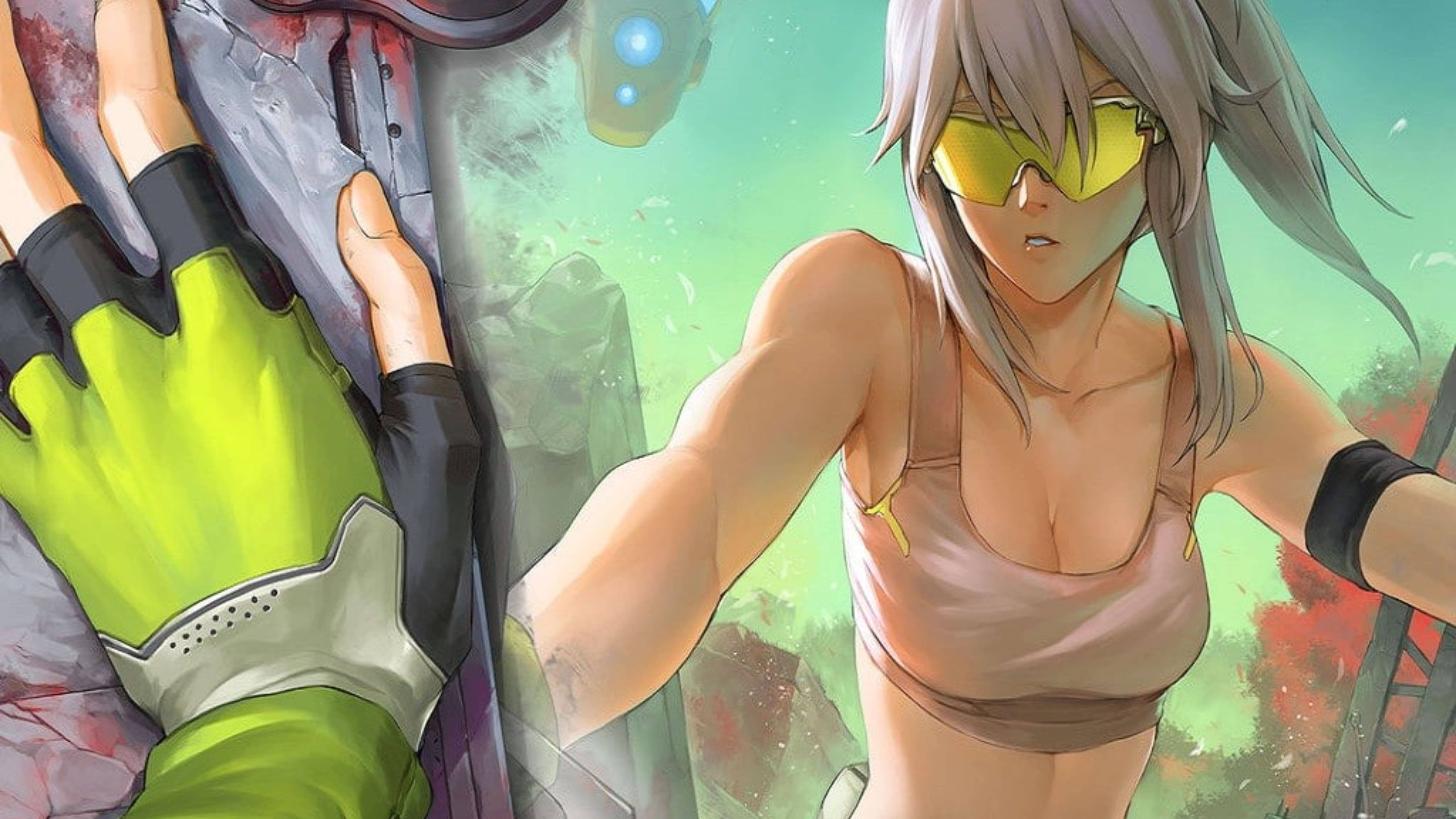 Sexy Anime 桌布 壁紙 — 一位肌肉發達的動漫女性，銀色頭髮和黃色護目鏡，在充滿活力的綠色和紅色戰場上握著未來武器。