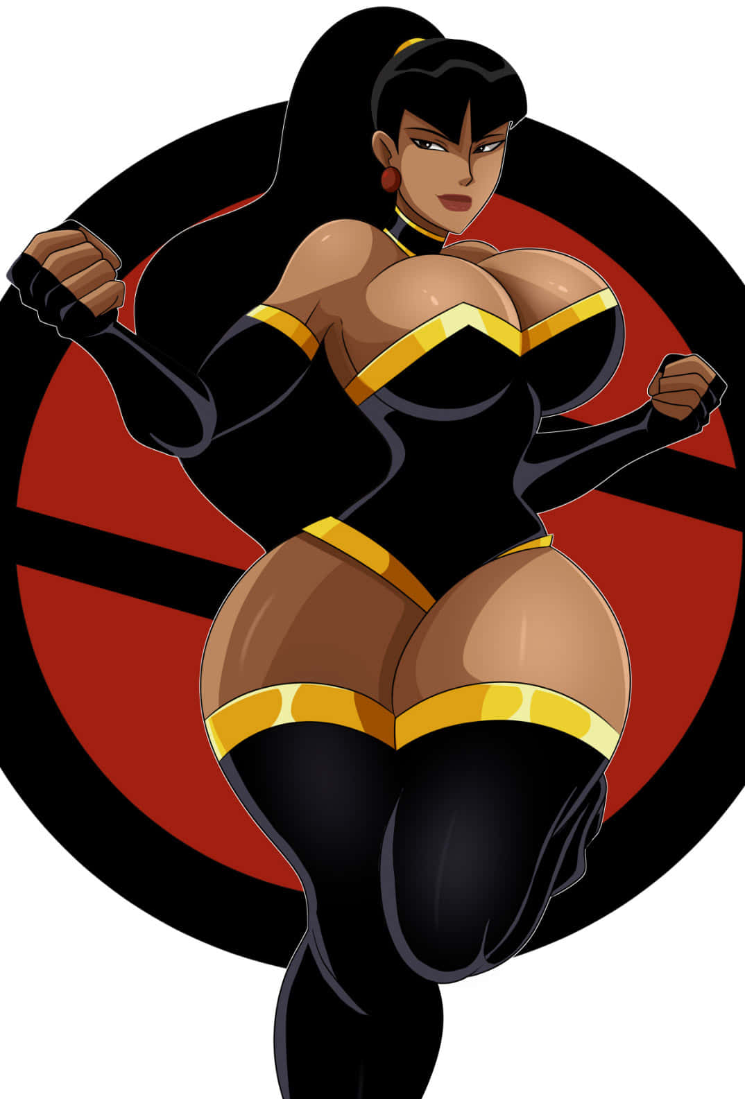 Justice League Crisis On Two Earths 桌布 壁紙 — 一位肌肉發達的動漫女性穿著黑色和金色的緊身衣，在紅色和黑色的圓形標誌前擺出強有力的姿勢。