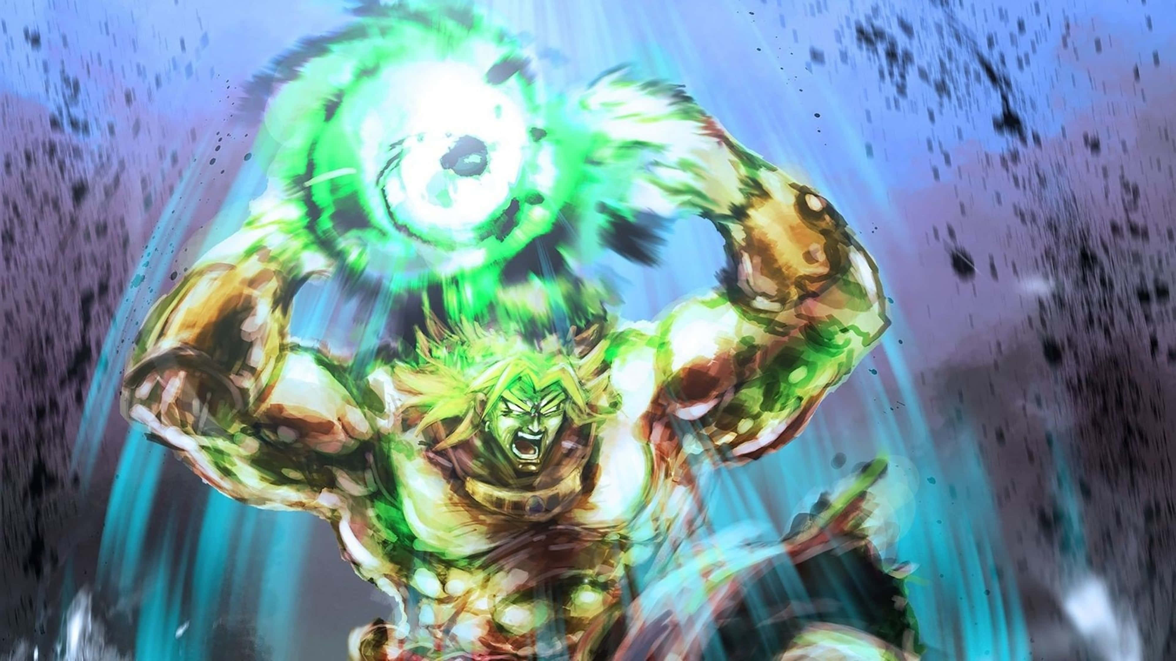 Broly 4K 桌布 壁紙 — 一位肌肉發達的動漫戰士，帶有綠色光環和發光的眼睛，在宇宙背景下釋放出強大的能量爆炸。