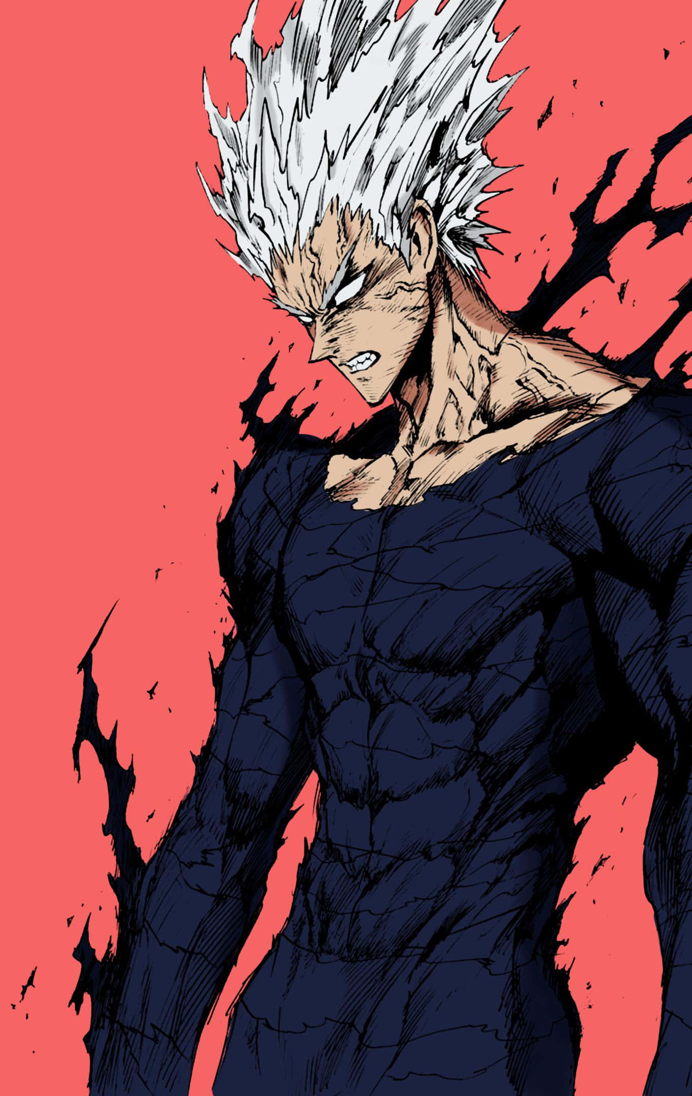 Garou 桌布 壁紙 — 一位肌肉發達的動漫戰士，擁有尖刺白髮和強烈表情，站在帶有黑色飛濺效果的鮮紅色背景前。