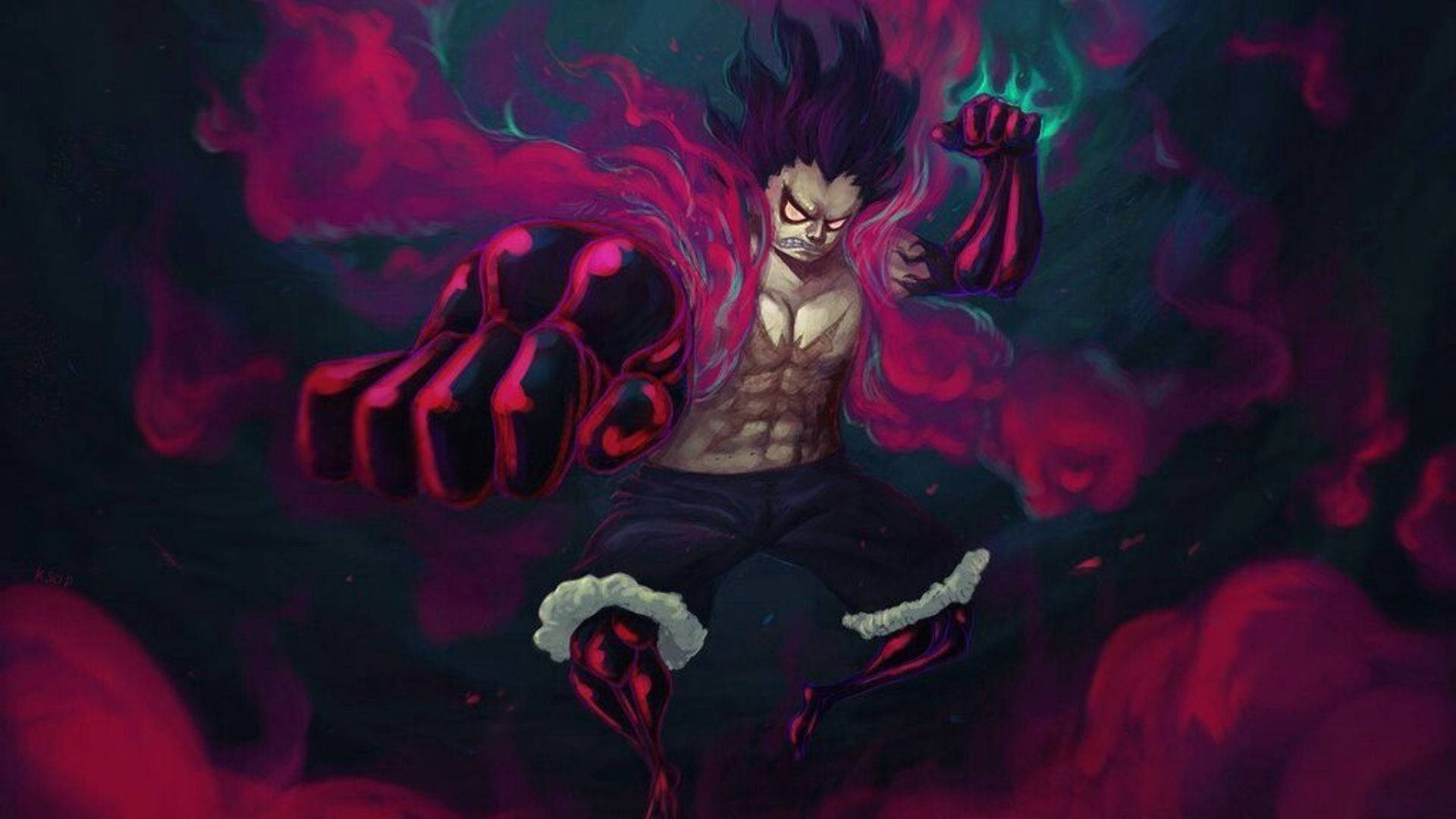 luffy gear 4 桌布 壁紙 — 一位肌肉發達的動漫戰士，擁有尖刺的紫色頭髮和發光的紅色眼睛，在旋轉的深紅色和藍綠色能量中擺出強有力的姿勢。