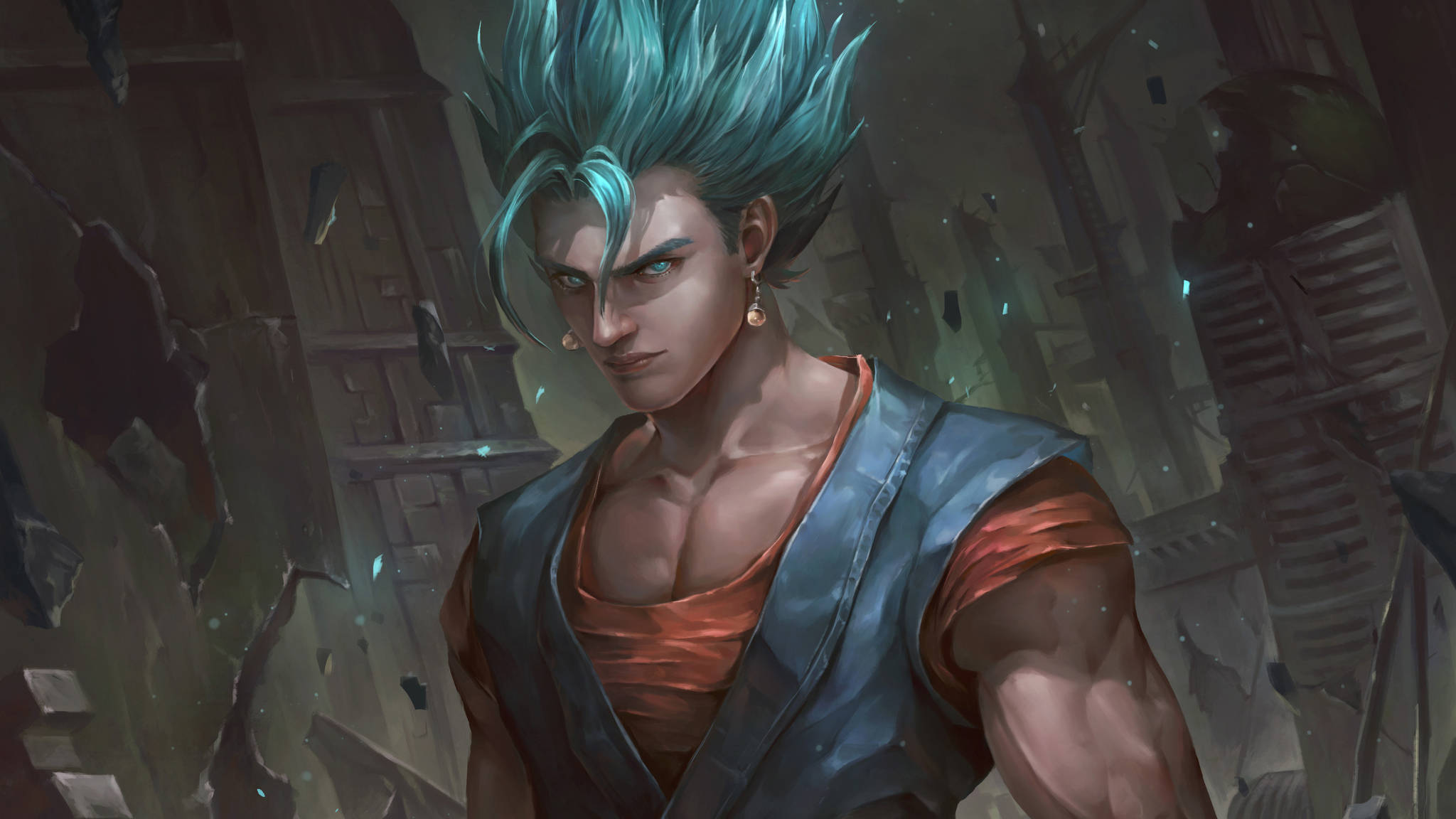 Vegito 桌布 壁紙 — 一位肌肉發達的動漫戰士，擁有尖刺的青色頭髮和銳利的眼神，站在昏暗燈光下搖搖欲墜的廢墟中。