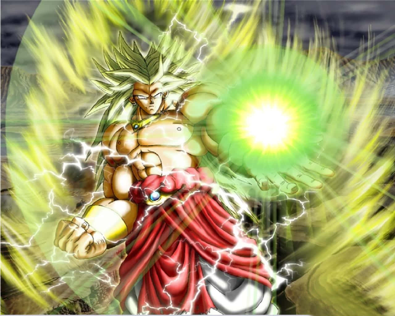 Saiyan Race 桌布 壁紙 — 一位肌肉發達的動漫戰士，擁有綠色頭髮和紅色斗篷，引導綠色能量和閃電發動強力攻擊。