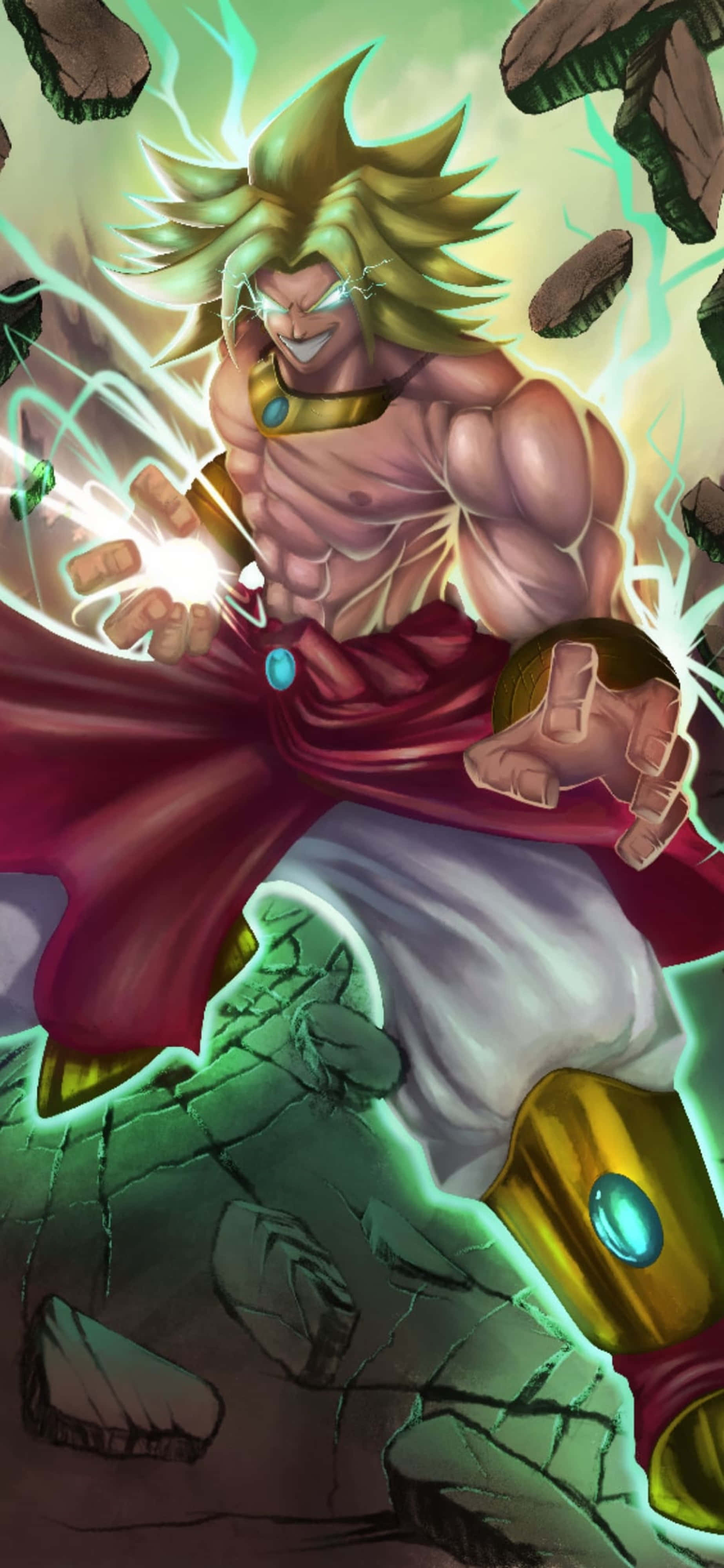 Broly 4K 桌布 壁紙 — 一位肌肉發達的動漫戰士，有著尖刺金髮，在破碎的岩石和綠色閃電中釋放出發光的能量拳。